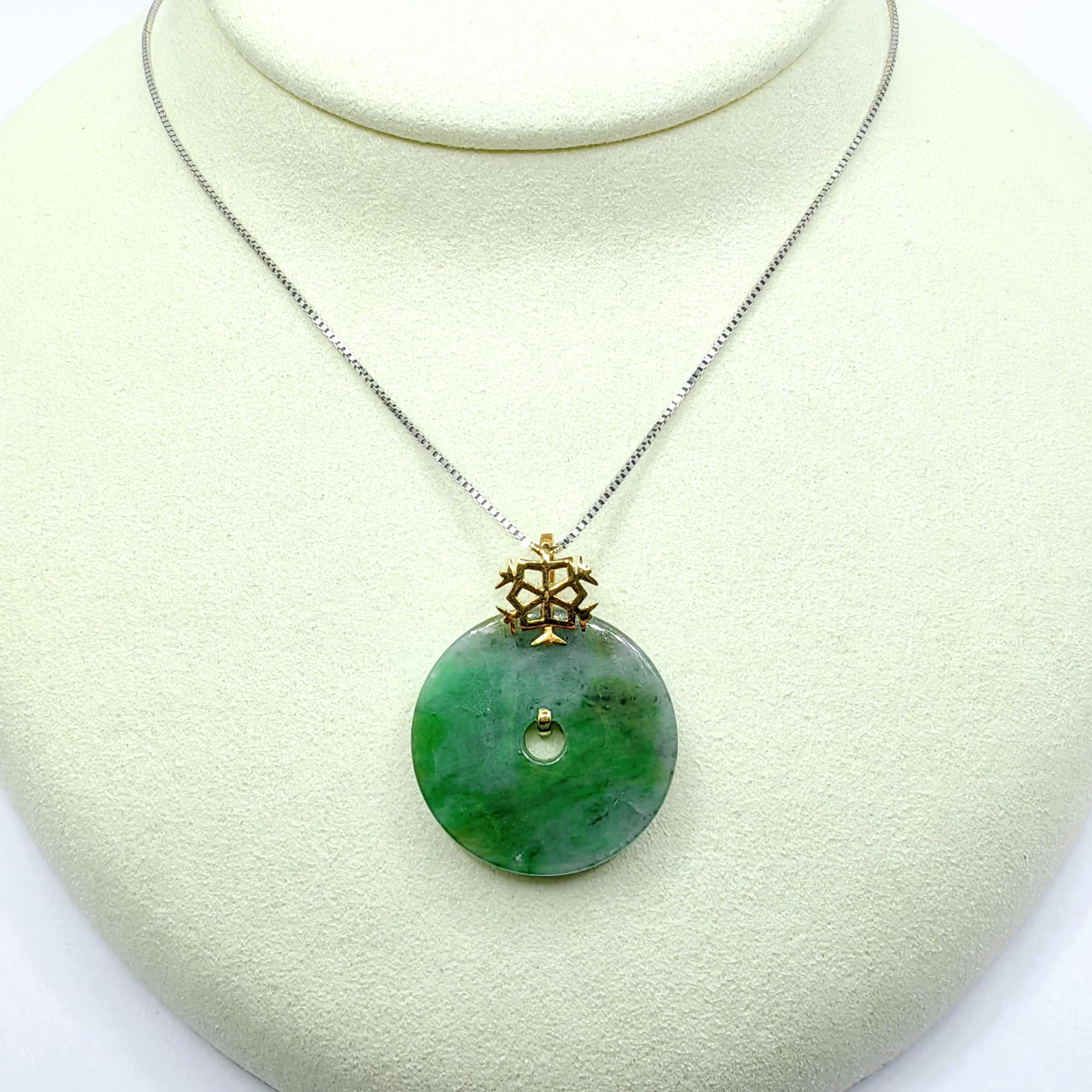 Round Cut Certified Old Mine Green Jadeite Jade Bi Disc Pendant w/ 18K Gold Snowflake Bail For Sale