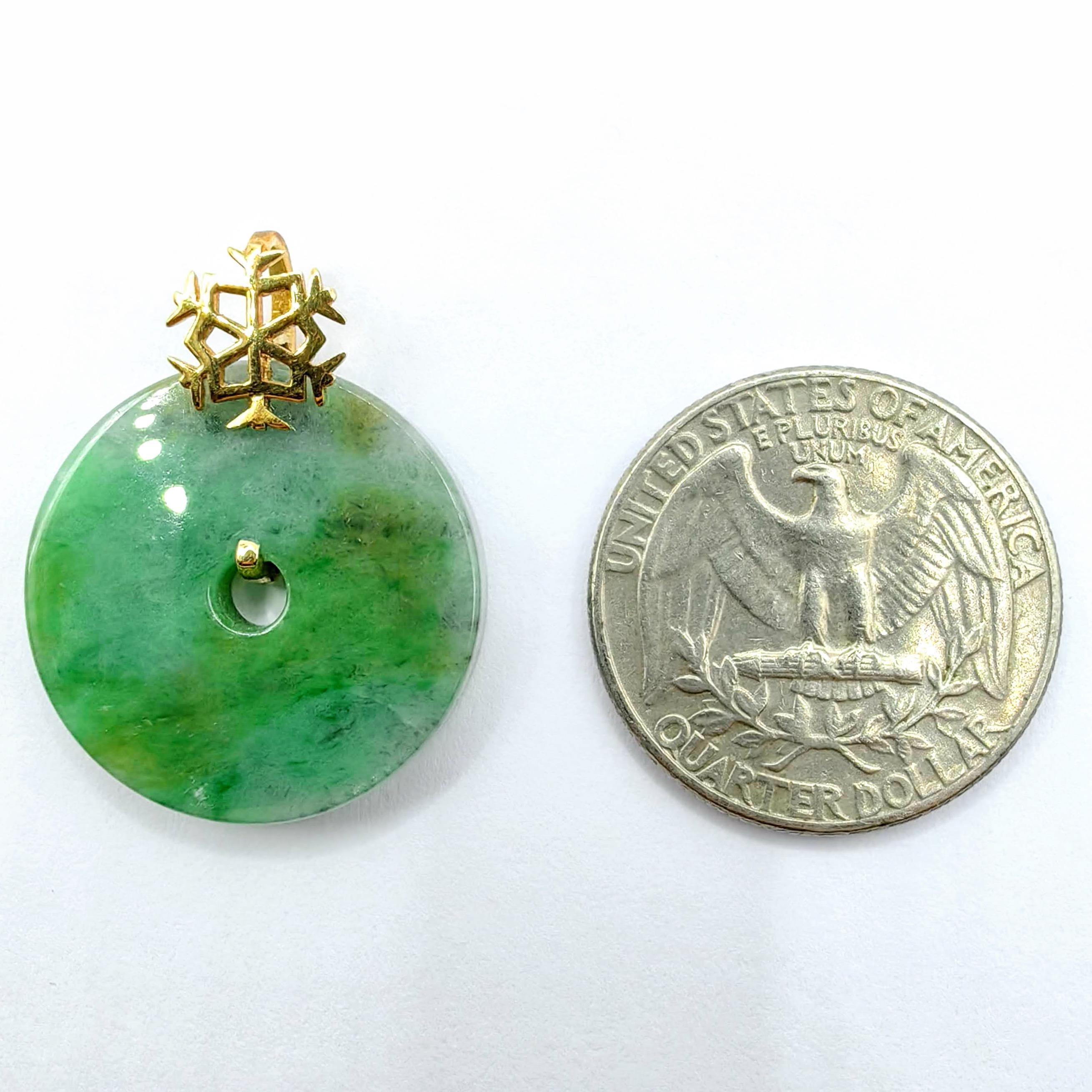 Certified Old Mine Green Jadeite Jade Bi Disc Pendant w/ 18K Gold Snowflake Bail For Sale 1