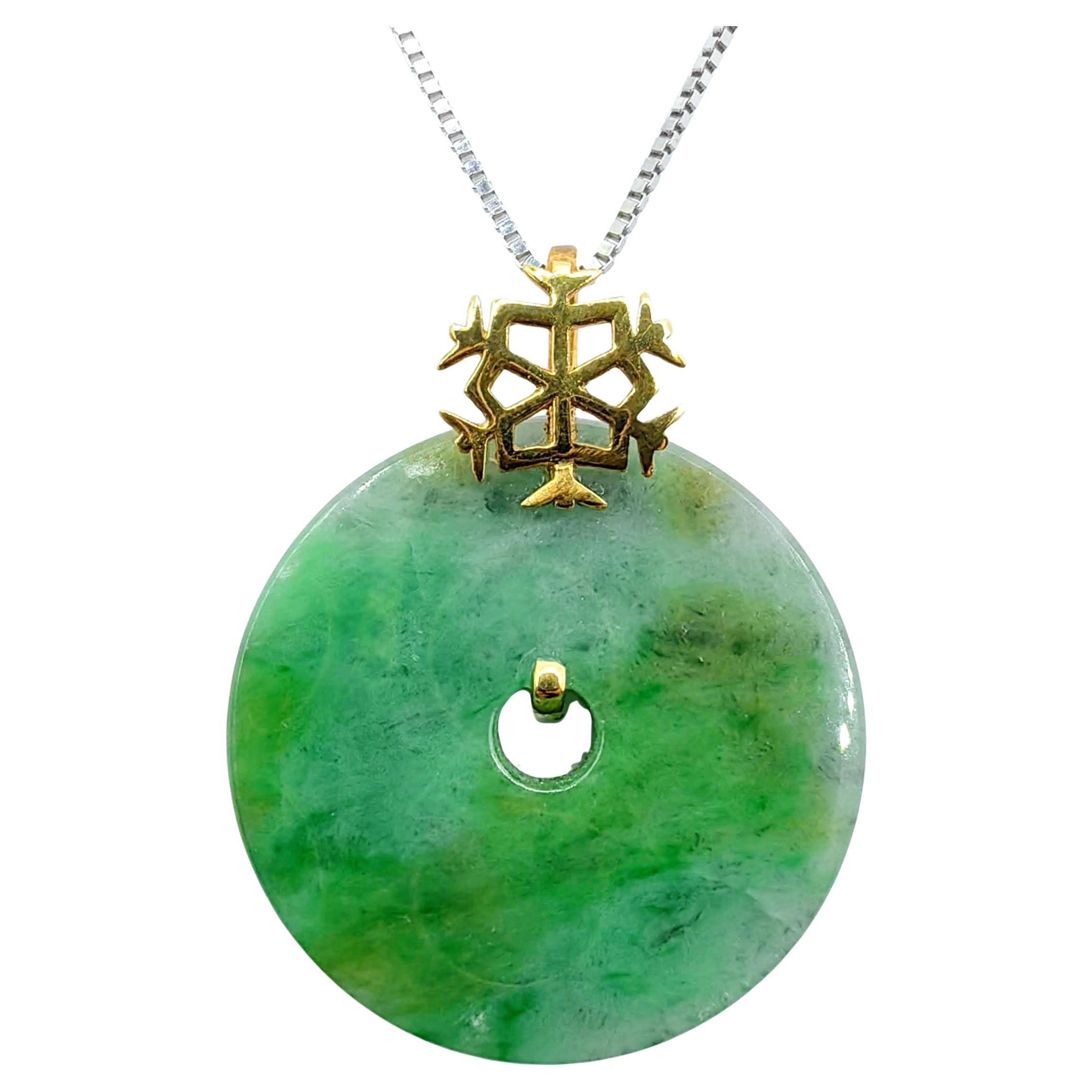 Certified Old Mine Green Jadeite Jade Bi Disc Pendant w/ 18K Gold Snowflake Bail For Sale