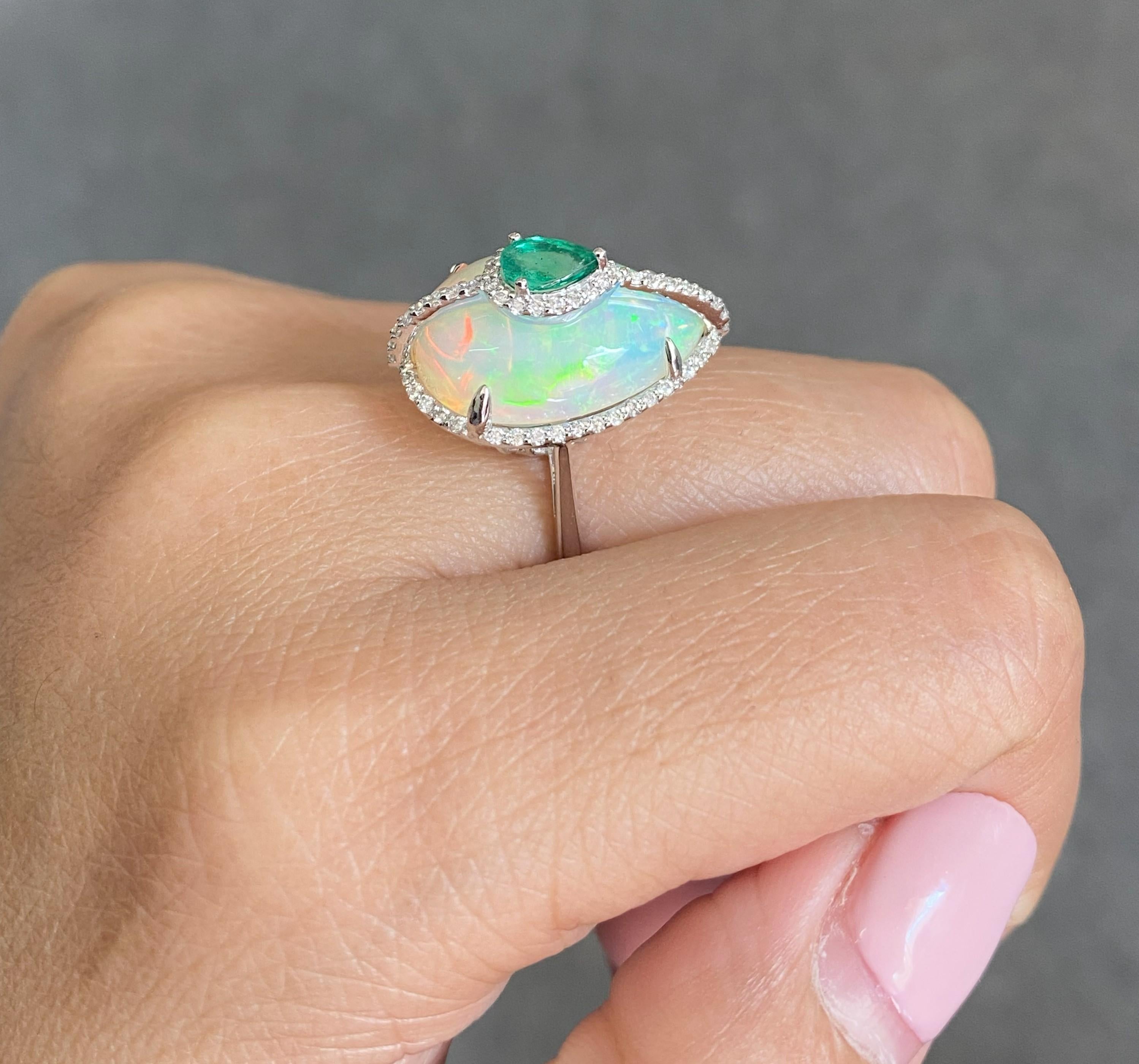Certified Opal 18KT White Gold, Diamonds And Emerald Cocktail Ring For Sale 7