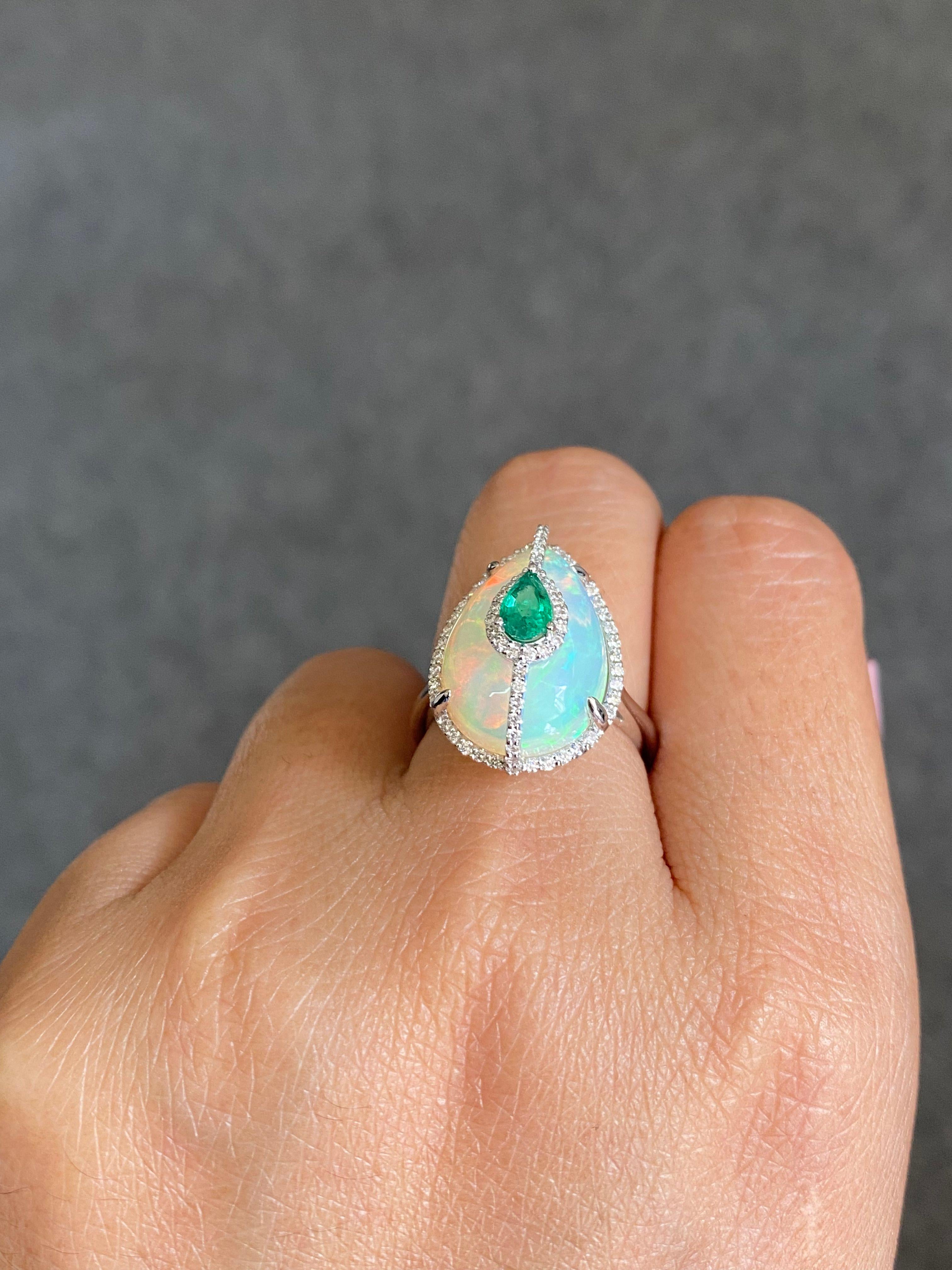 Certified Opal 18KT White Gold, Diamonds And Emerald Cocktail Ring For Sale 8
