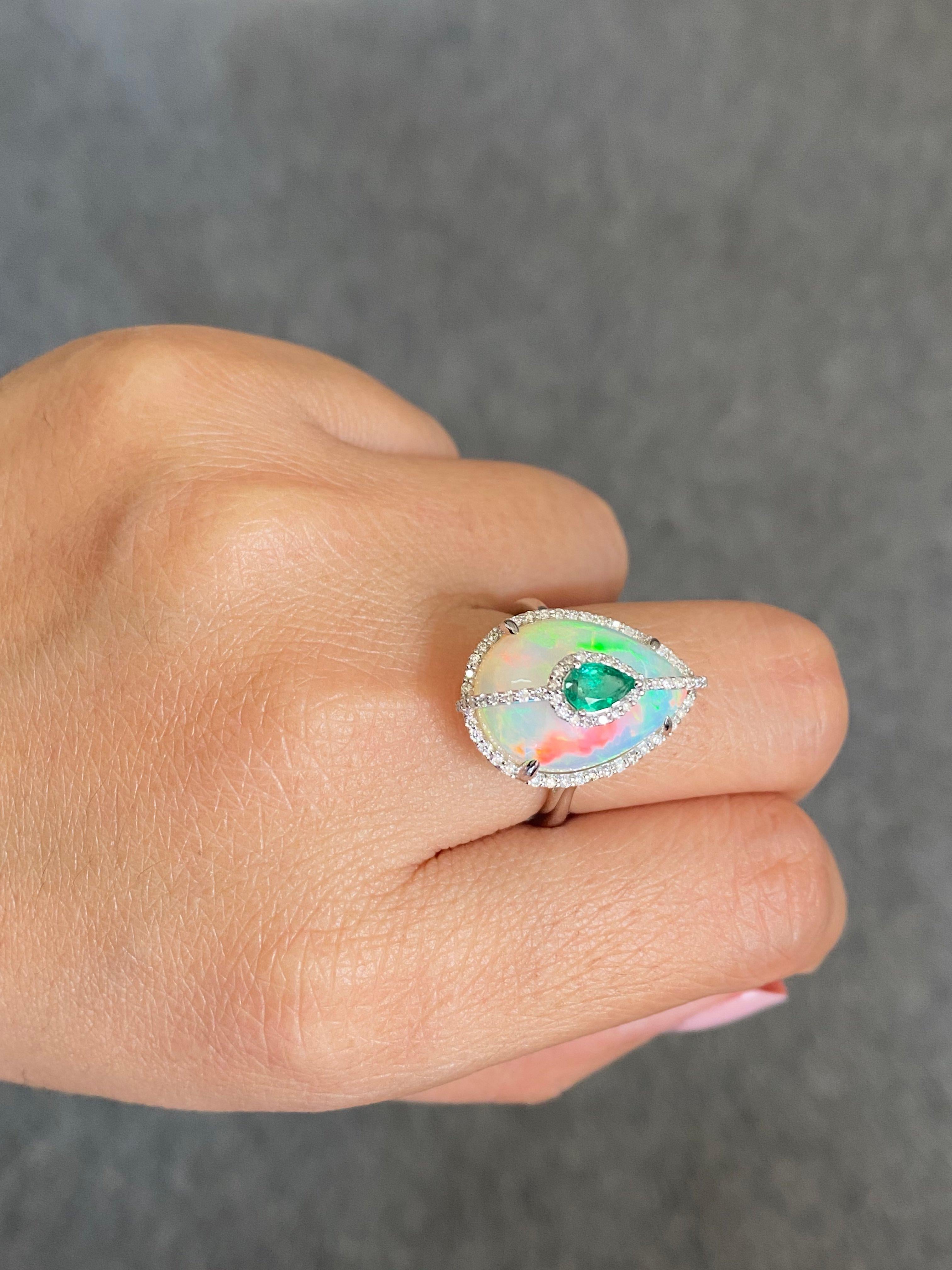 Certified Opal 18KT White Gold, Diamonds And Emerald Cocktail Ring For Sale 9