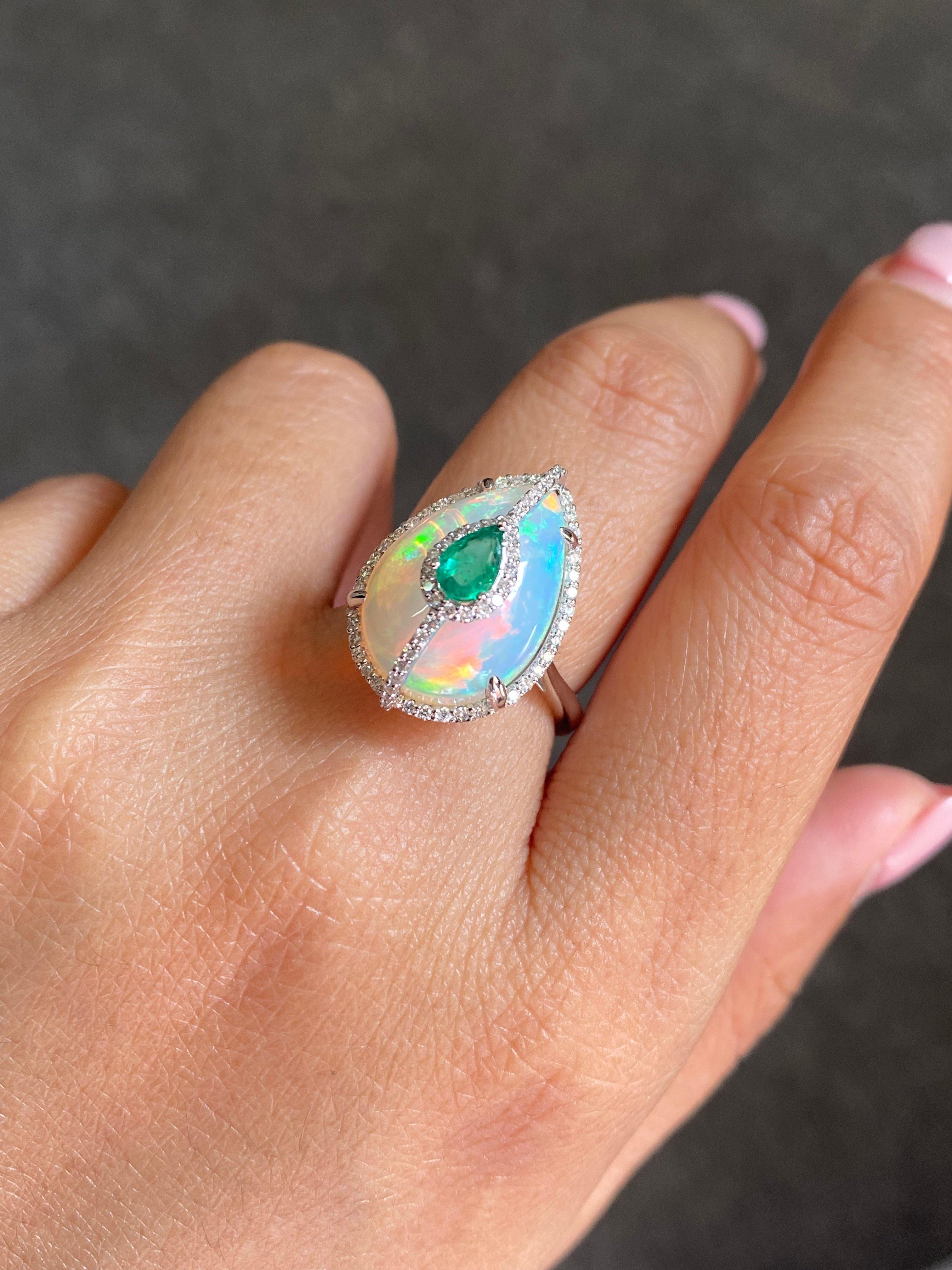 Certified Opal 18KT White Gold, Diamonds And Emerald Cocktail Ring For Sale 10