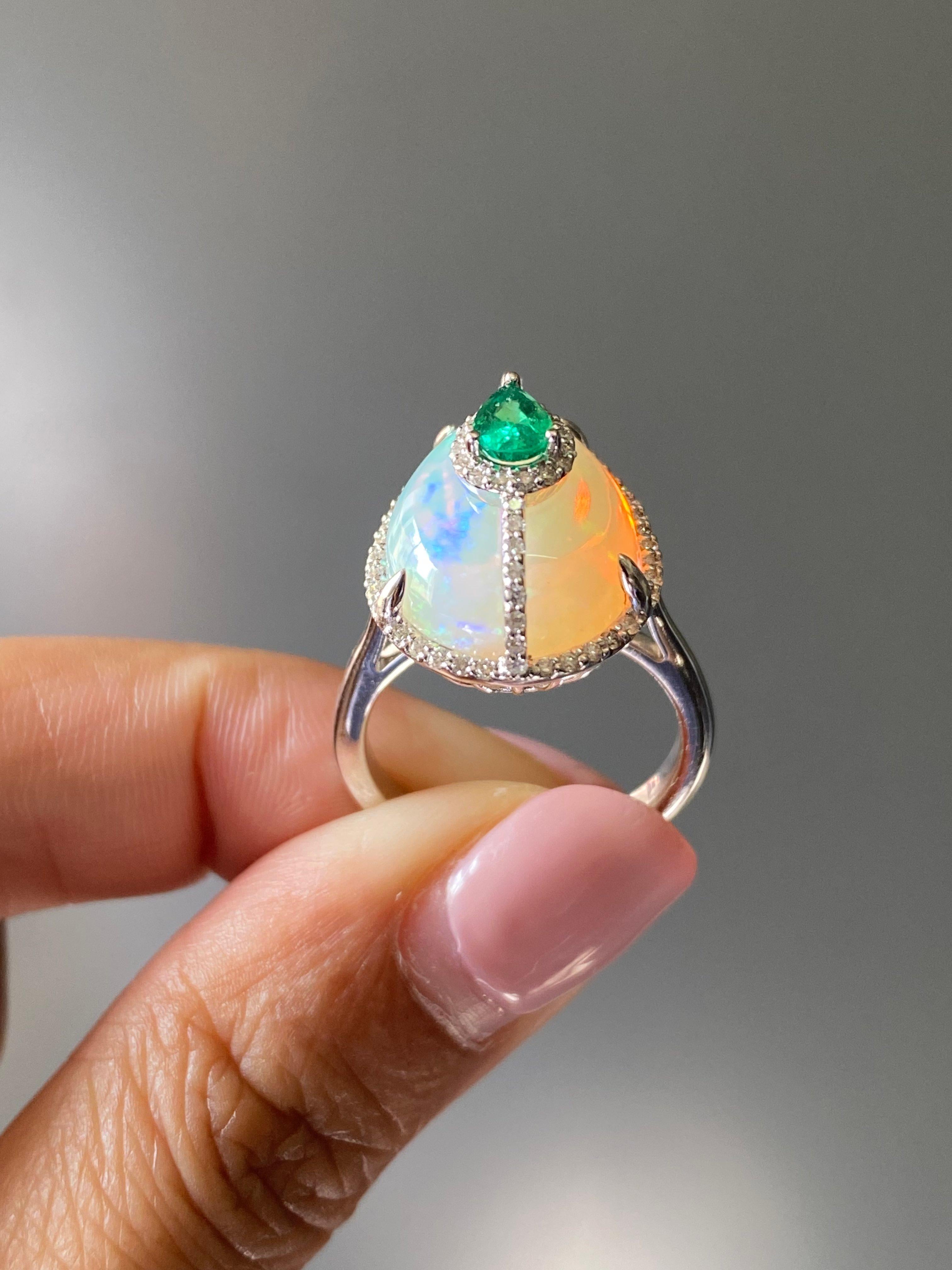 Certified Opal 18KT White Gold, Diamonds And Emerald Cocktail Ring For Sale 1