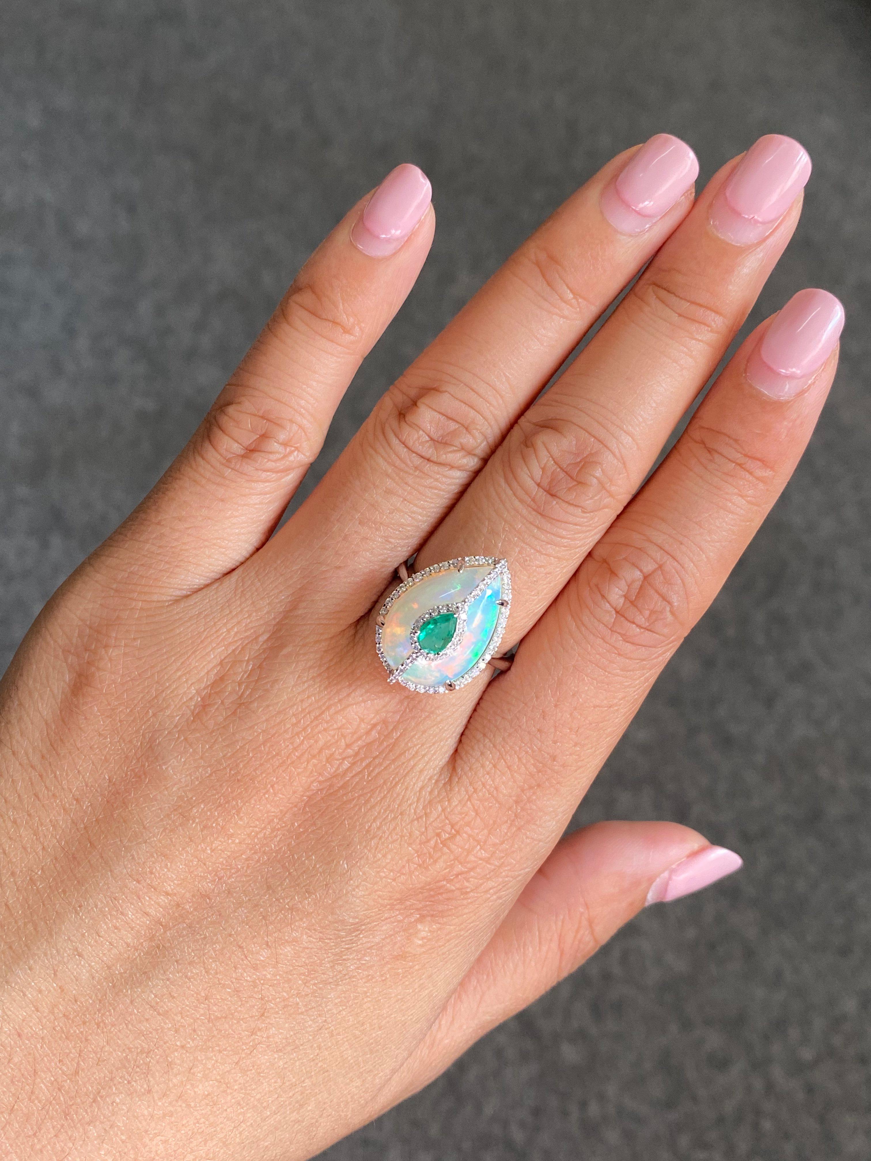Certified Opal 18KT White Gold, Diamonds And Emerald Cocktail Ring For Sale 11