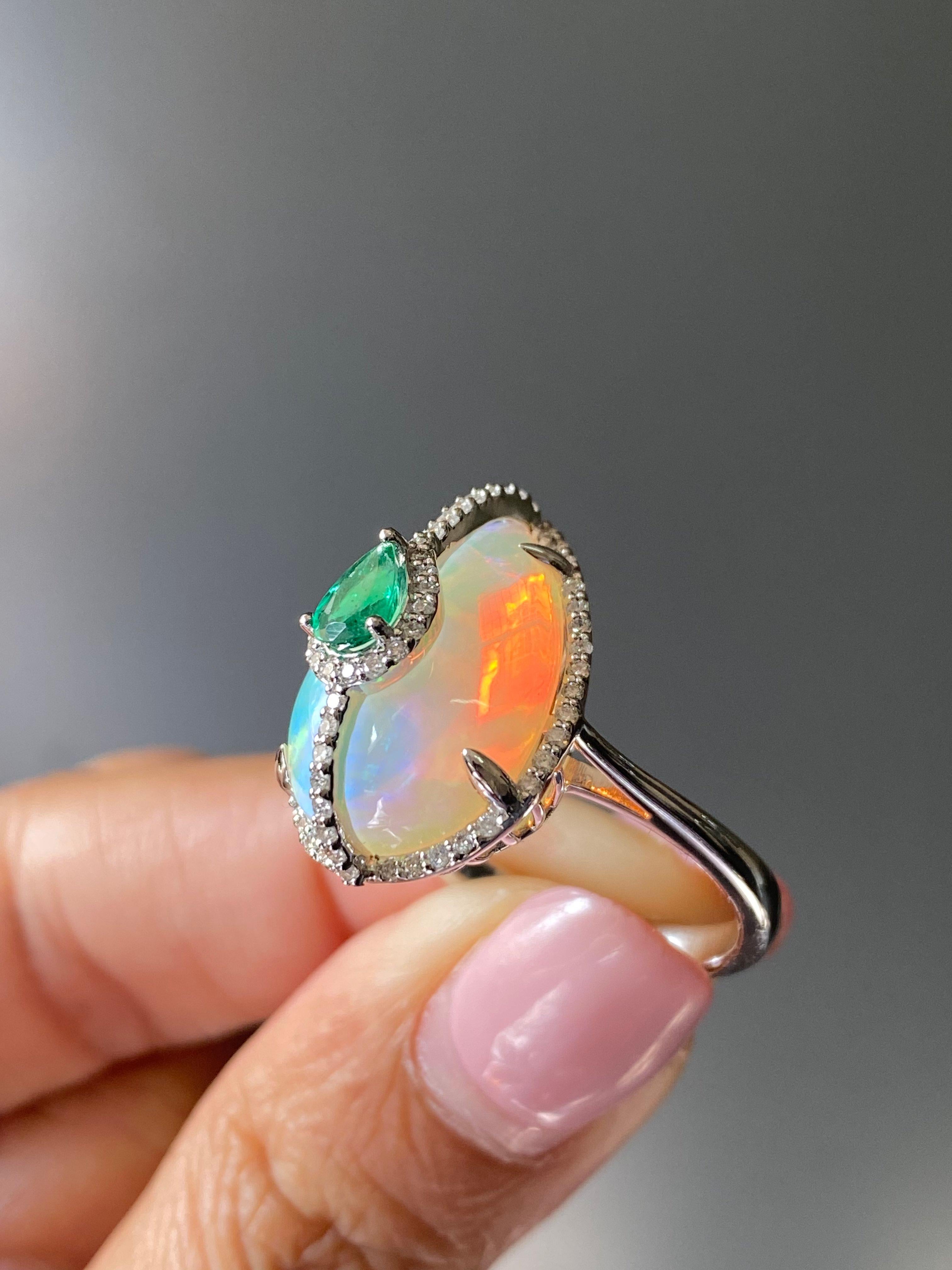Certified Opal 18KT White Gold, Diamonds And Emerald Cocktail Ring For Sale 2