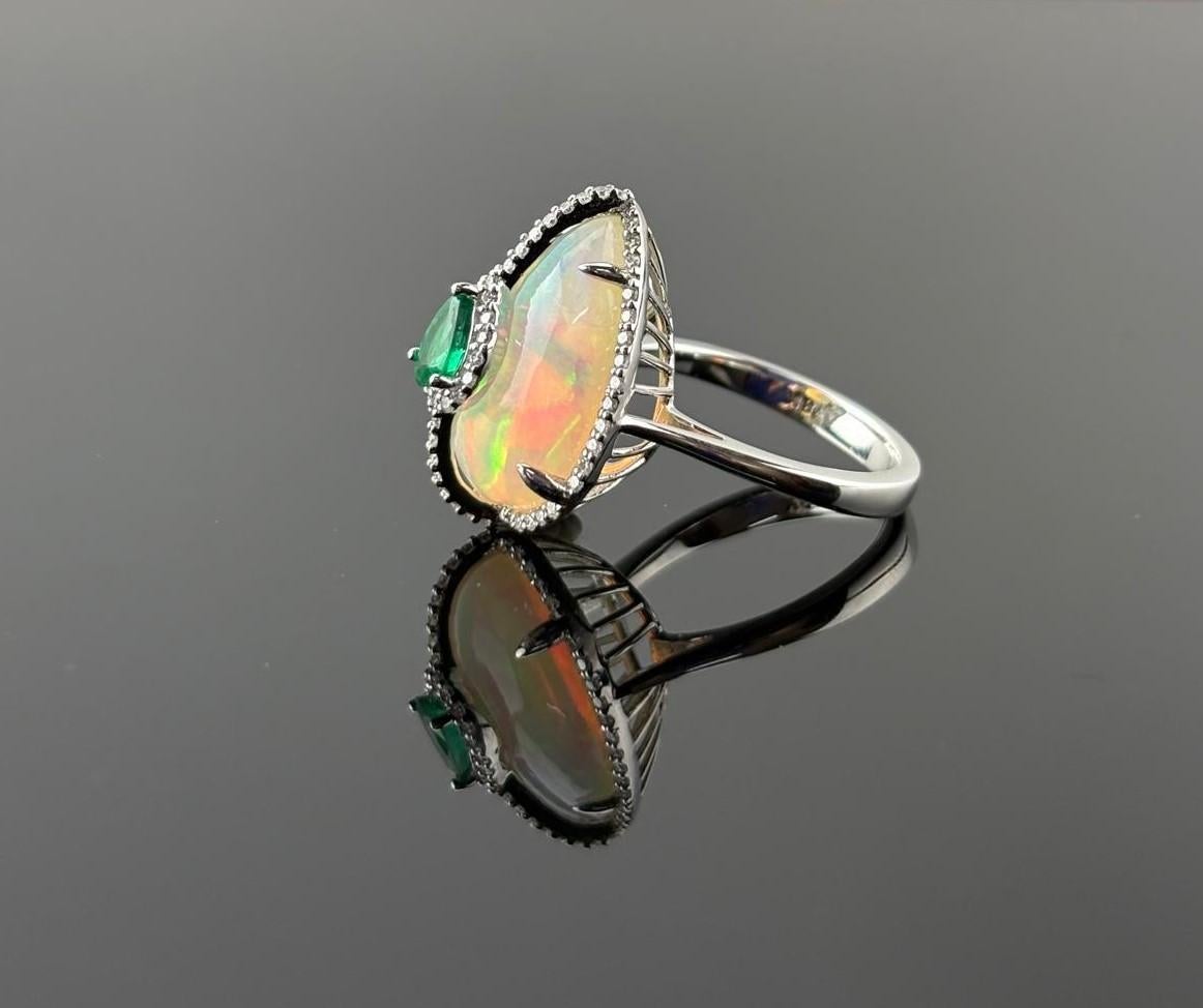 Cabochon Certified Opal 18KT White Gold, Diamonds And Emerald Cocktail Ring For Sale