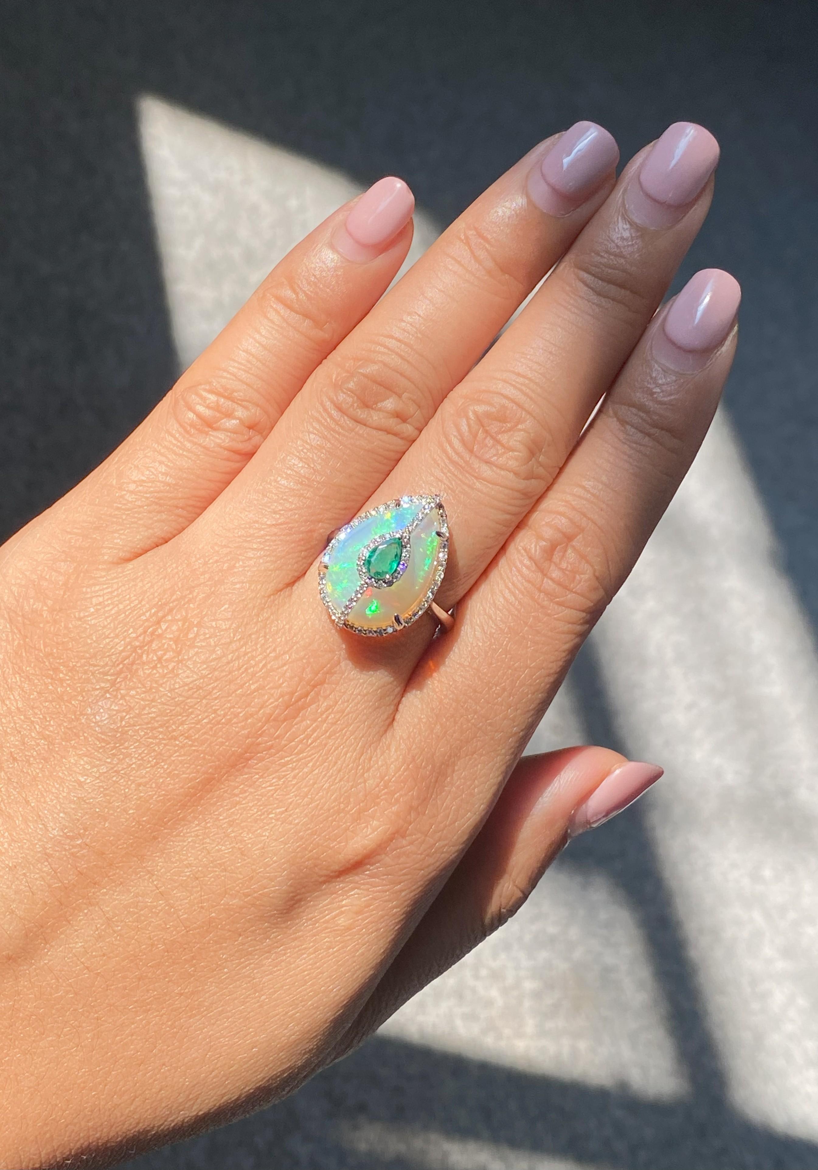 Certified Opal 18KT White Gold, Diamonds And Emerald Cocktail Ring For Sale 3