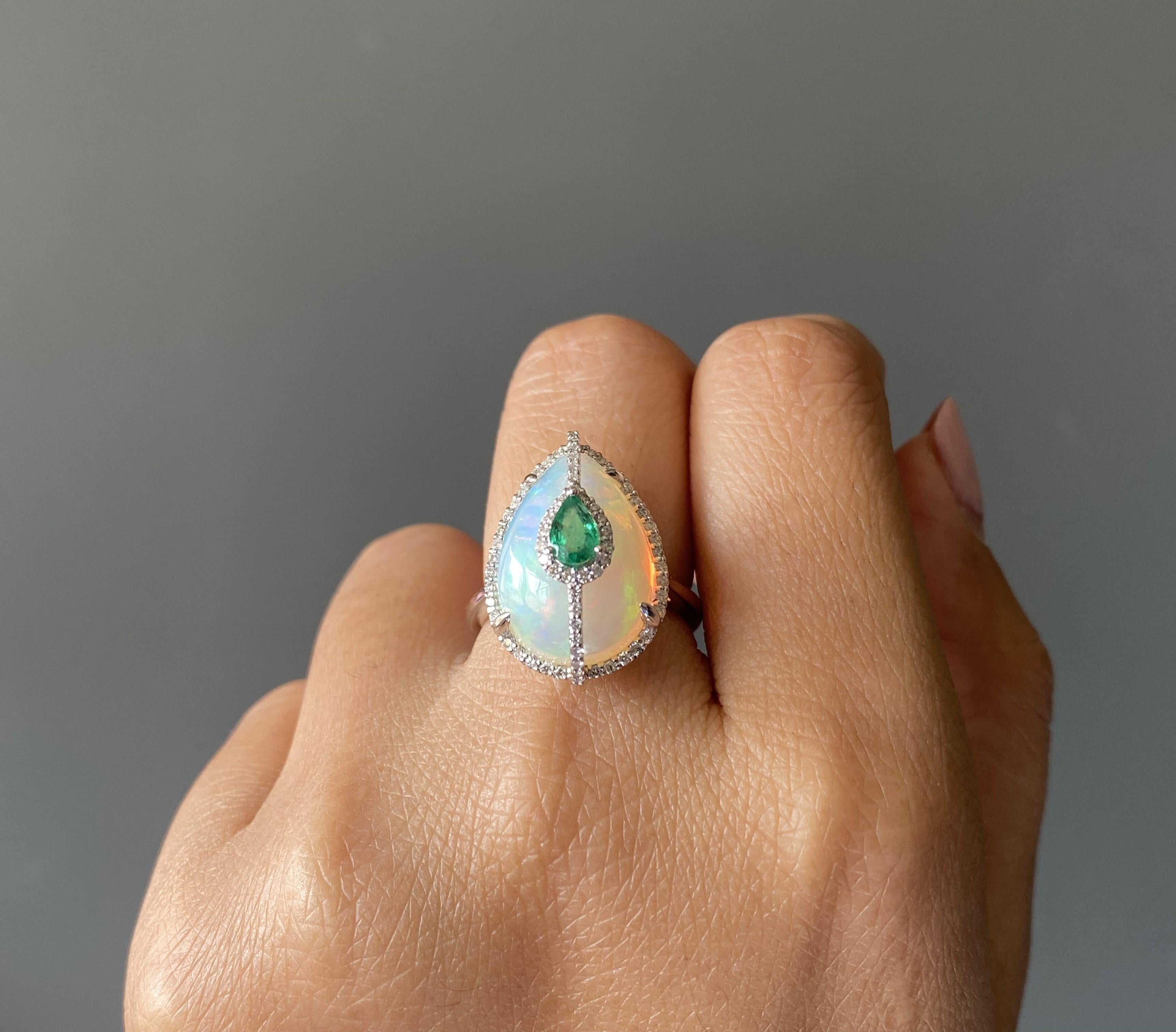 Certified Opal 18KT White Gold, Diamonds And Emerald Cocktail Ring For Sale 6