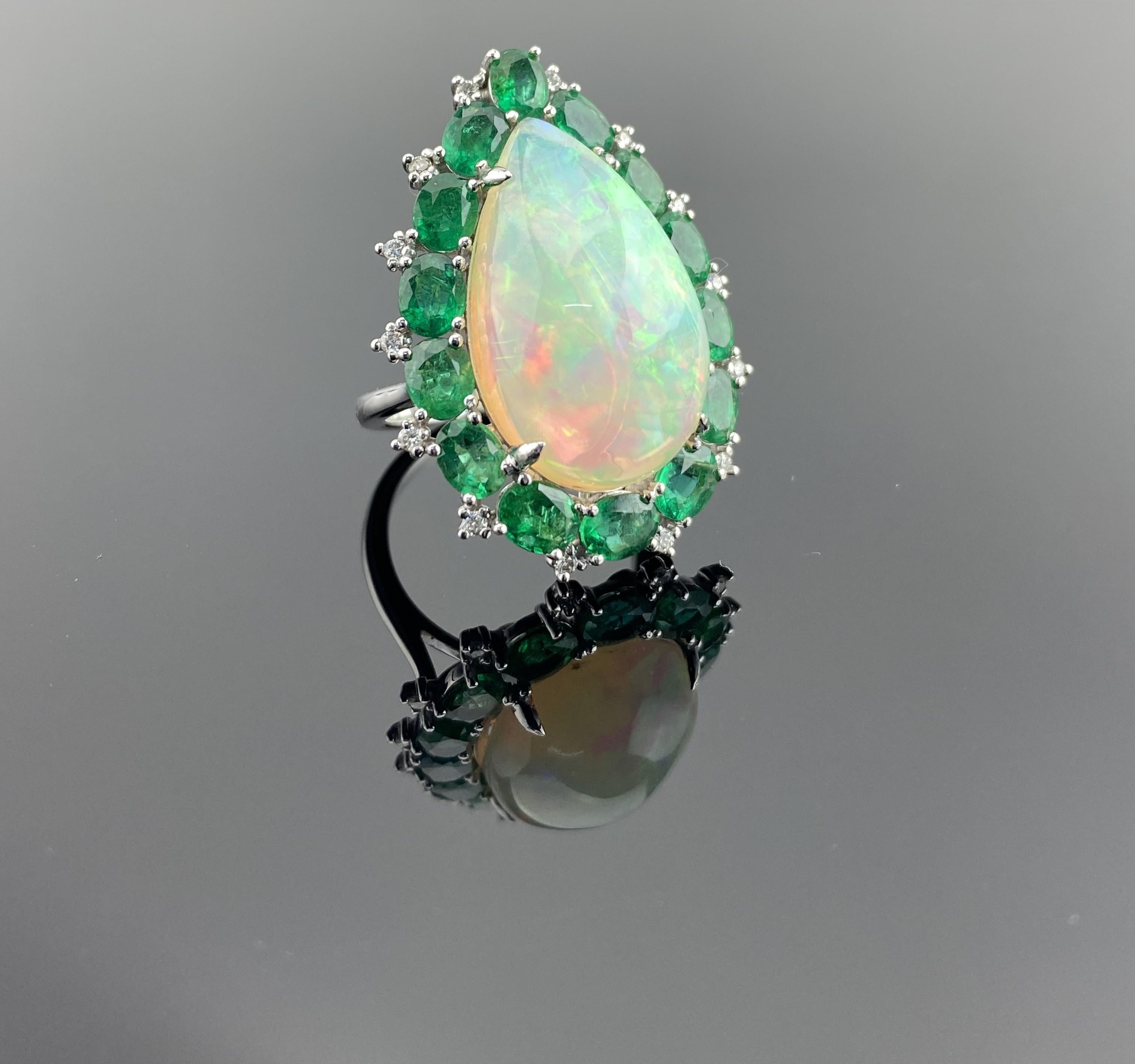 Certified Opal and Emerald Cocktail Ring Set In 18 K White Gold For Sale 4