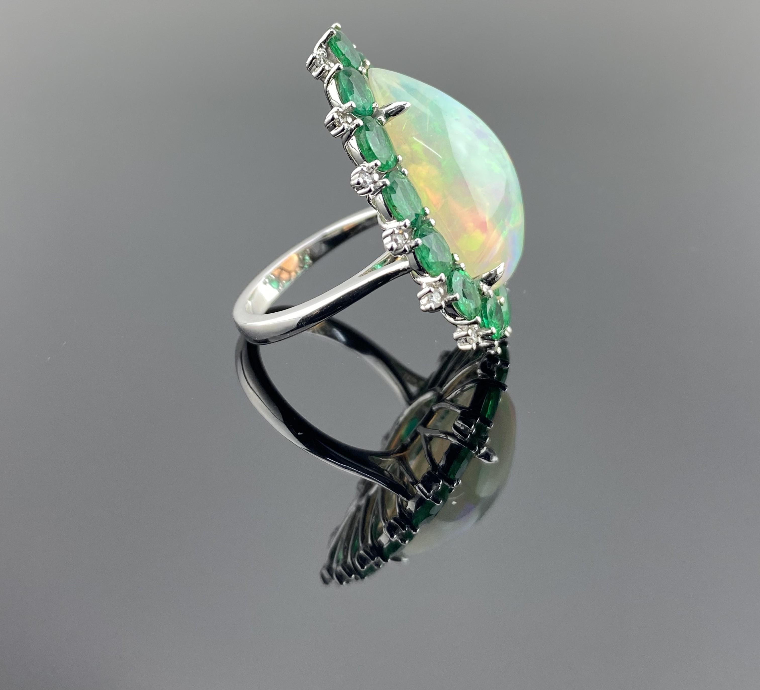 Certified Opal and Emerald Cocktail Ring Set In 18 K White Gold For Sale 5