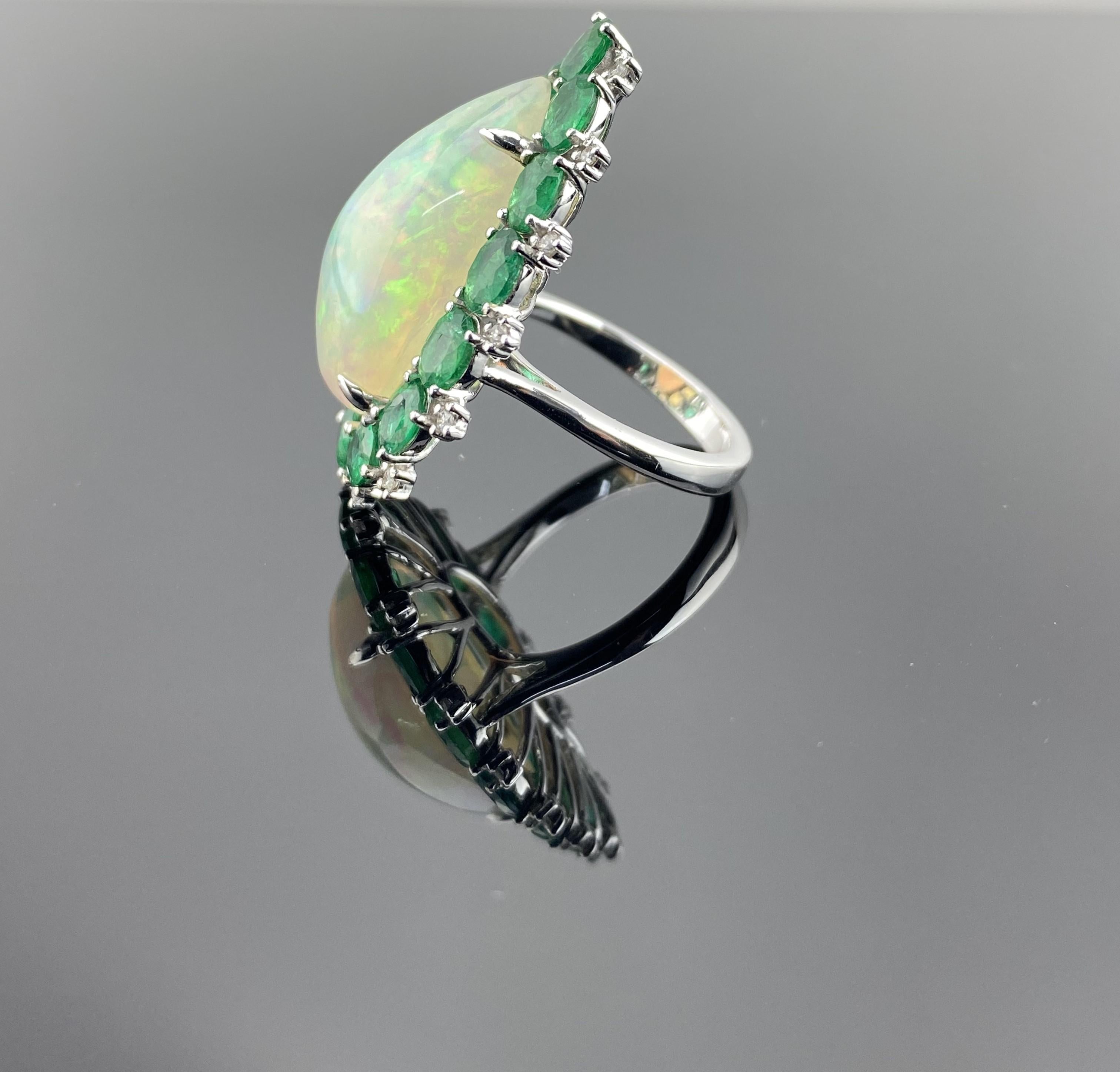 Certified Opal and Emerald Cocktail Ring Set In 18 K White Gold For Sale 7