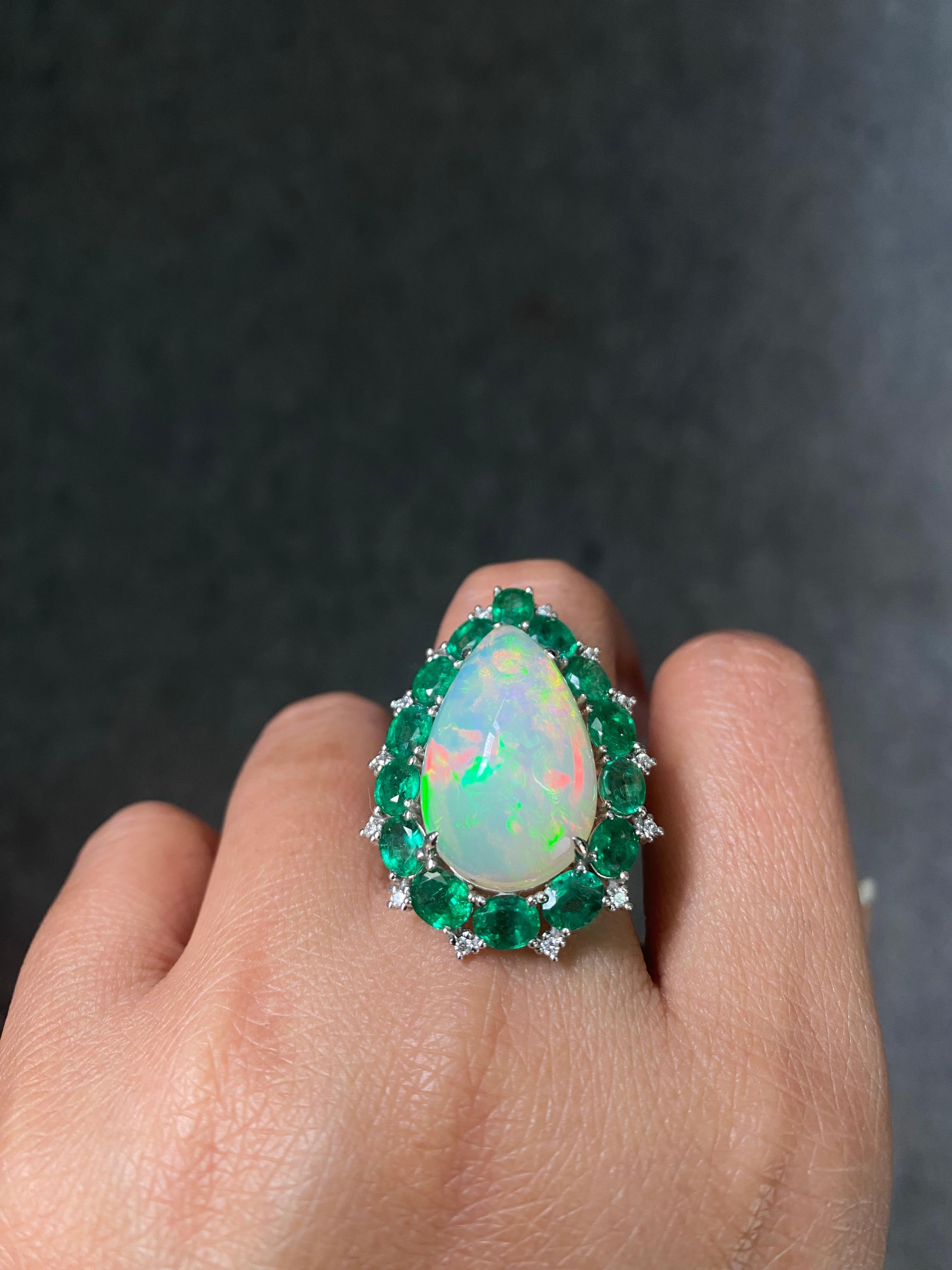 Art Deco Certified Opal and Emerald Cocktail Ring Set In 18 K White Gold For Sale