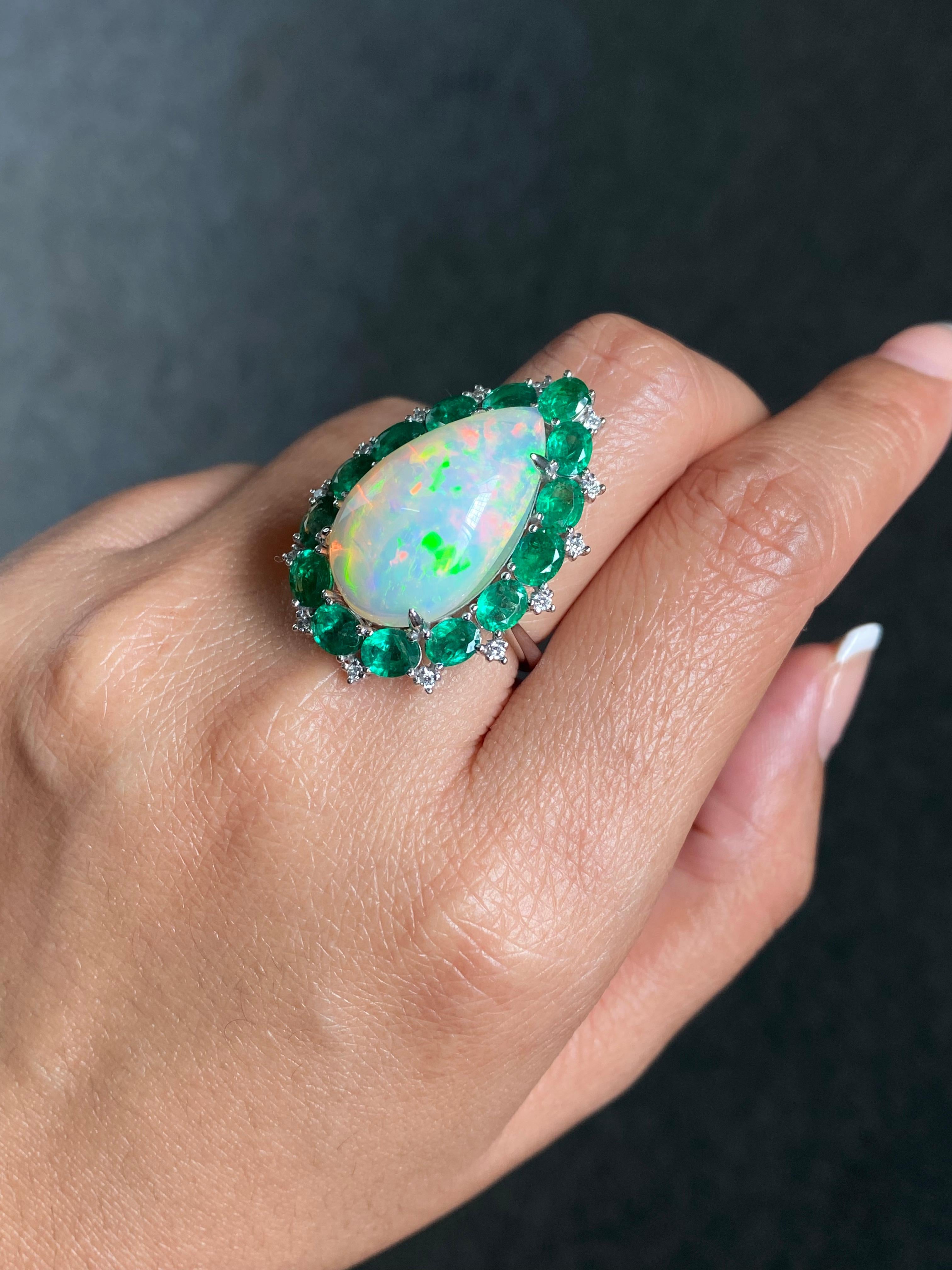 Men's Certified Opal and Emerald Cocktail Ring Set In 18 K White Gold For Sale