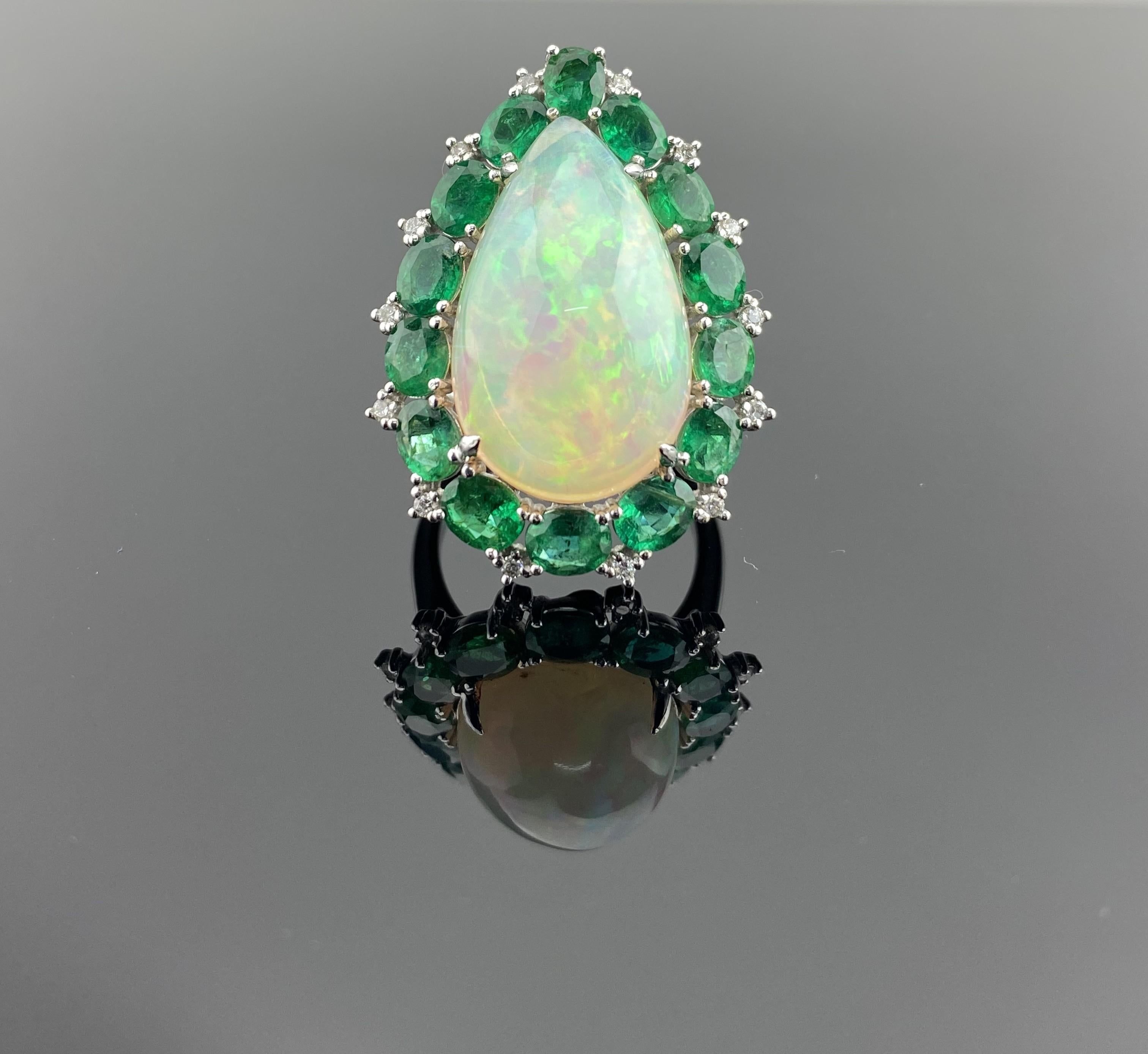 Certified Opal and Emerald Cocktail Ring Set In 18 K White Gold For Sale 3