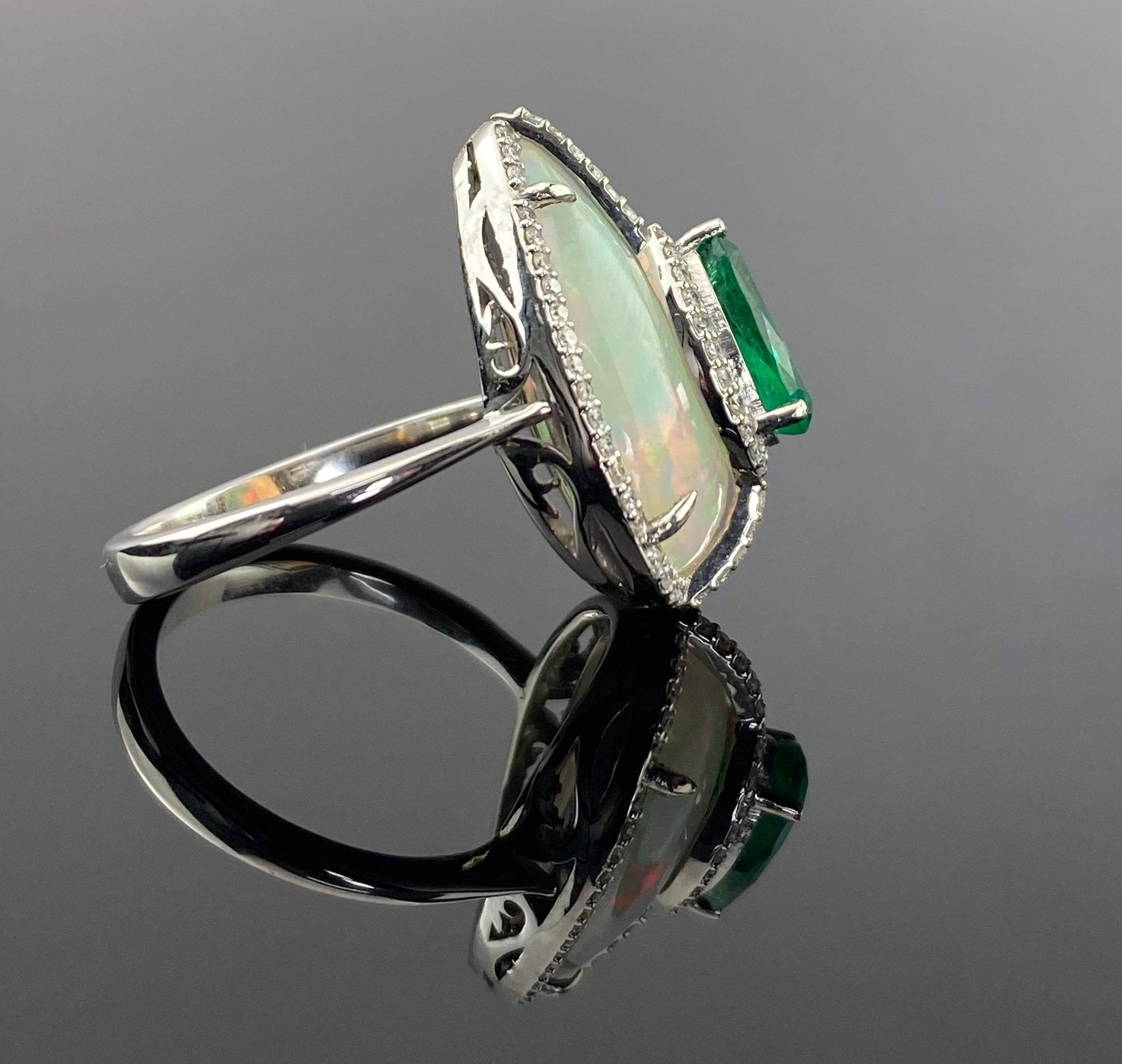 Art Deco Certified Opal, Emerald and Diamond Cocktail Ring For Sale