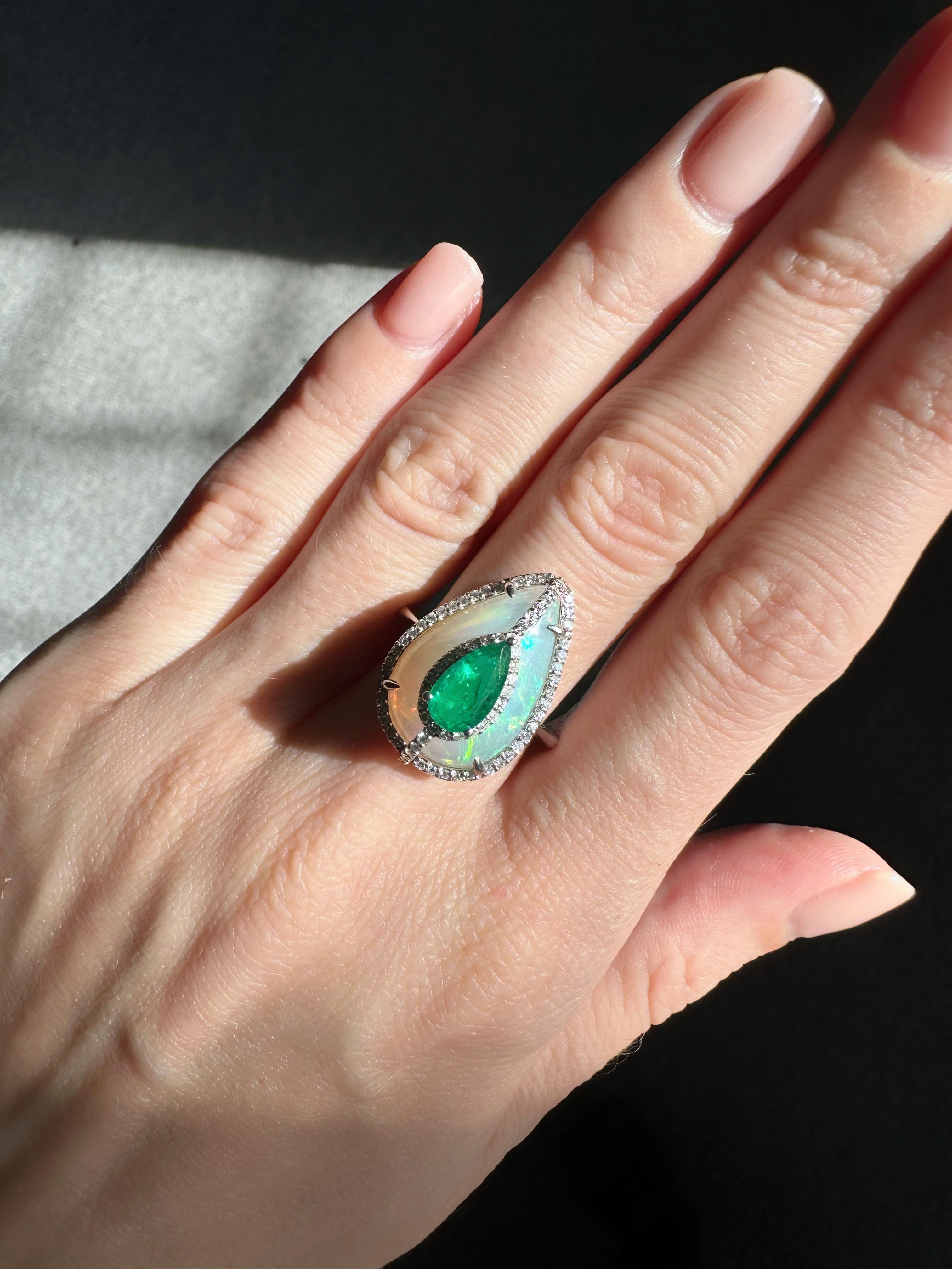 Women's or Men's Certified Opal, Emerald and Diamond Cocktail Ring For Sale