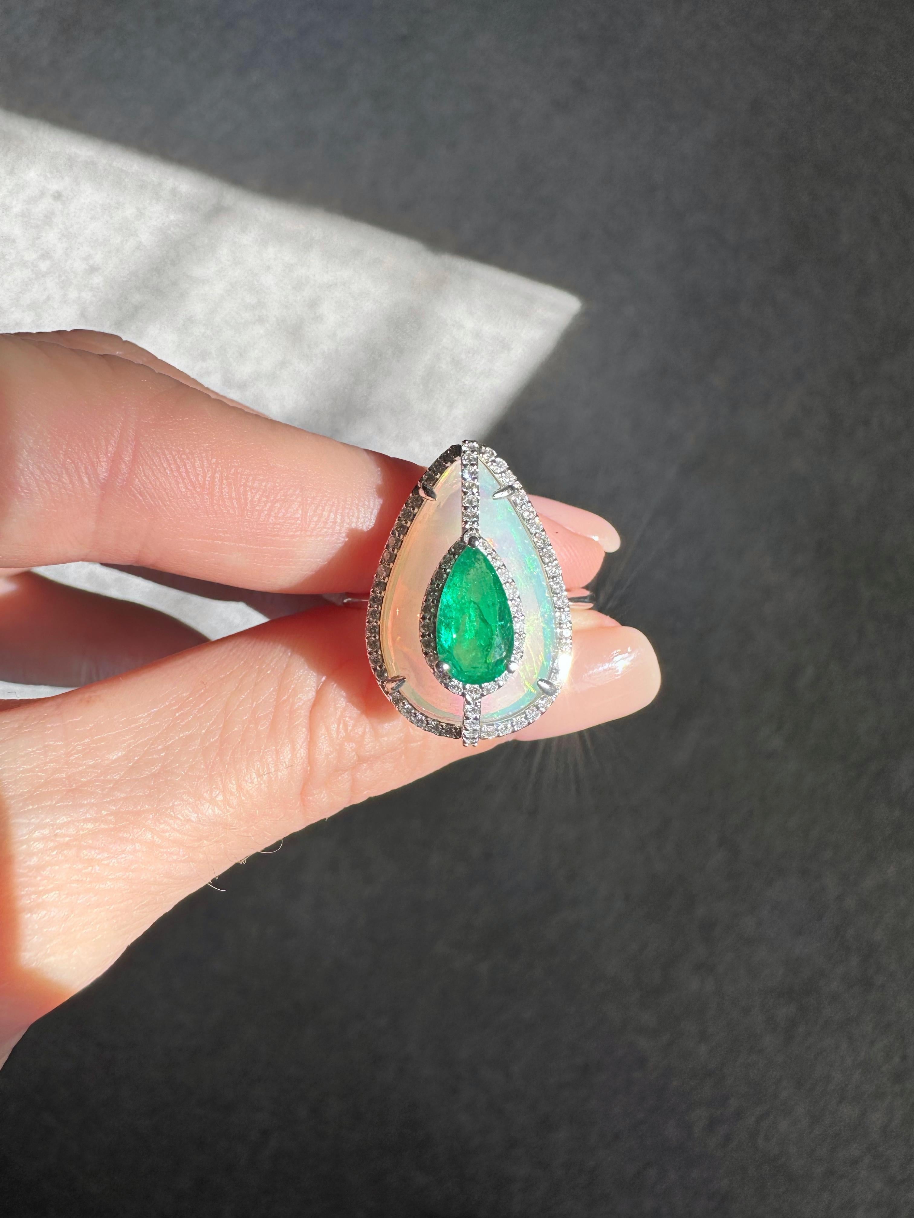 Certified Opal, Emerald and Diamond Cocktail Ring For Sale 1