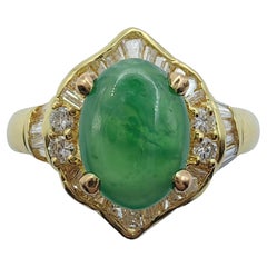 Certified Oval Cabochon Apple Green Genuine Burmese Jadeite Jade Diamond Ring