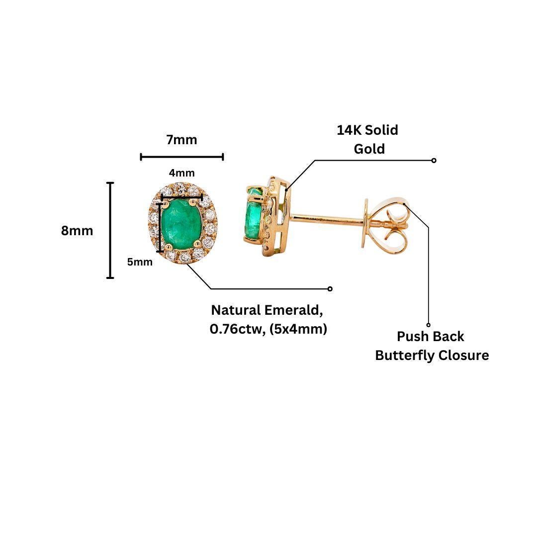 Boucle d'oreille en or 14K avec émeraude ovale certifiée et halo de diamants en vente 1