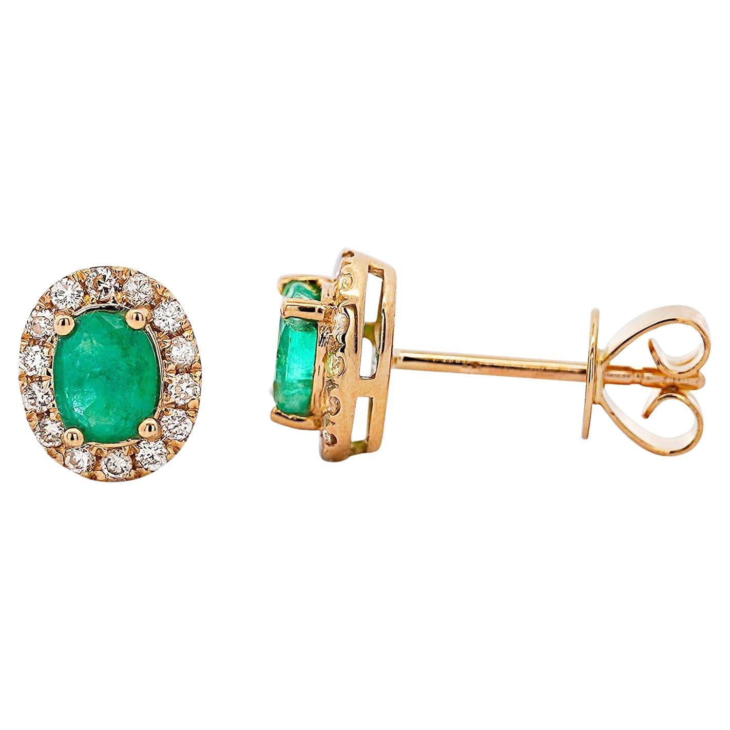 Certified Oval Cut Emerald & Diamond Halo Stud Earring in 14K Gold