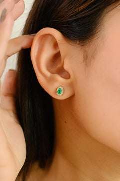 Certified Oval Cut Zambian Emerald Diamond Stud Earrings in 18K Yellow Gold