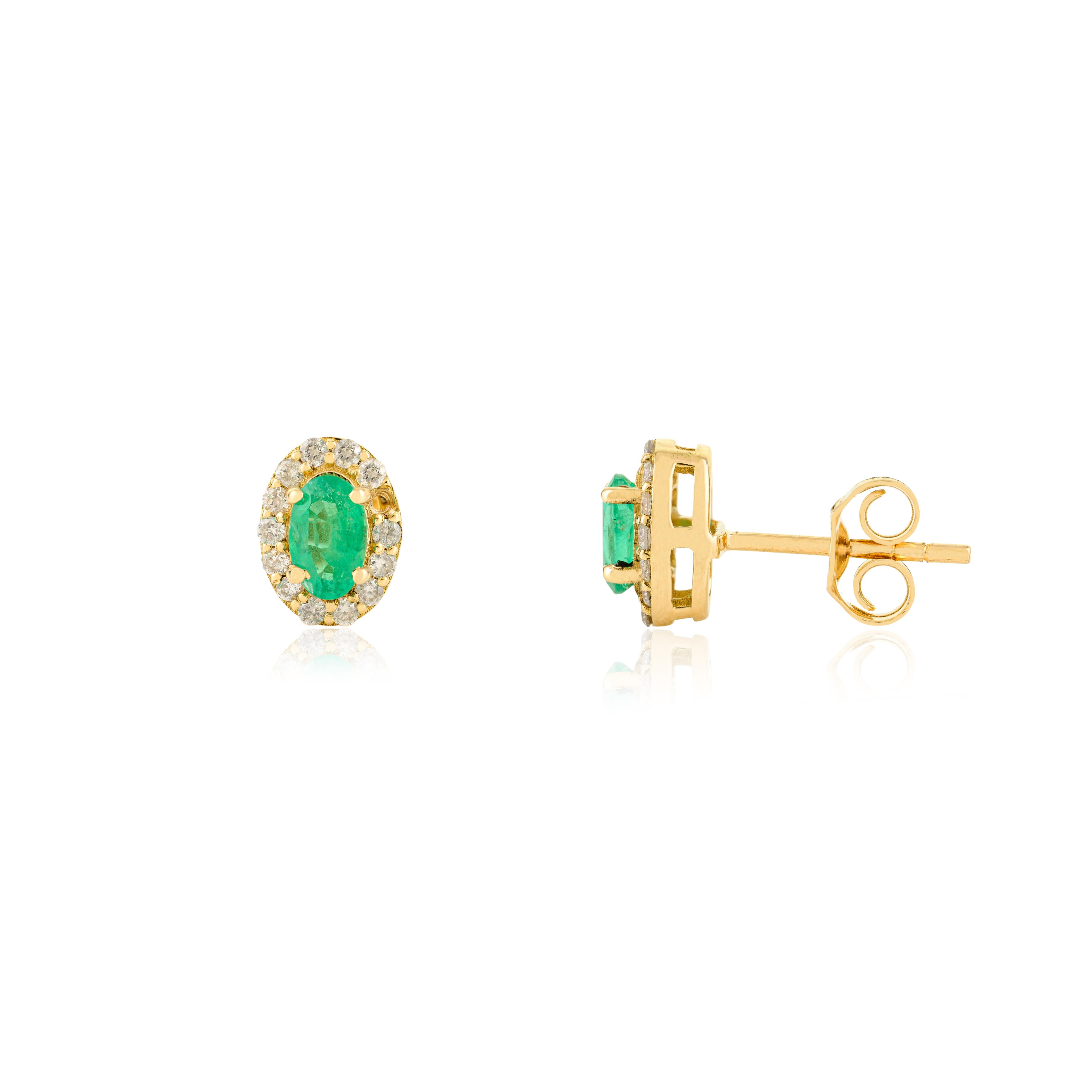 Art Deco Certified Oval Cut Zambian Emerald Diamond Stud Earrings in 18K Yellow Gold For Sale