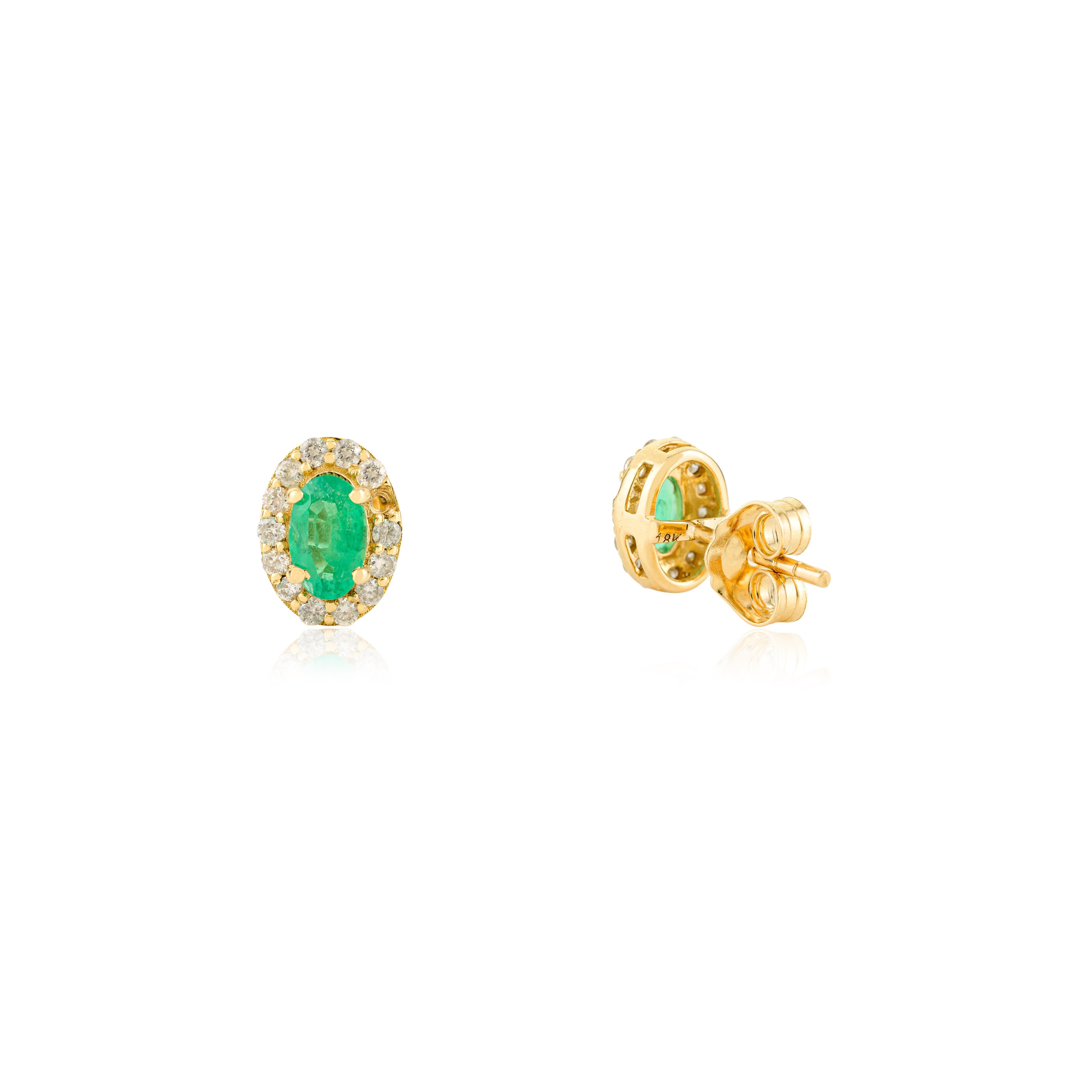 Certified Oval Cut Zambian Emerald Diamond Stud Earrings in 18K Yellow Gold For Sale 2