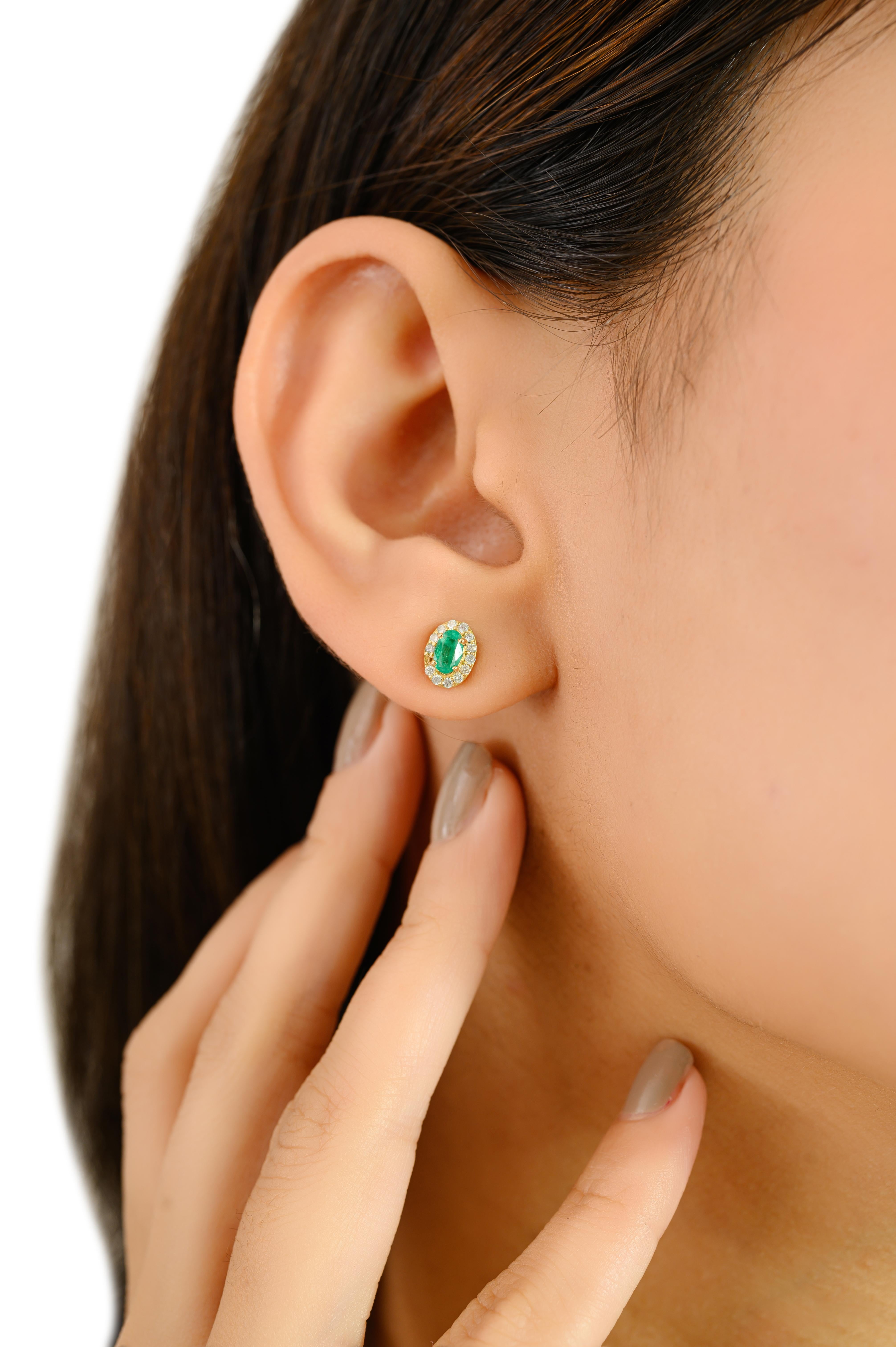 Certified Oval Cut Zambian Emerald Diamond Stud Earrings in 18K Yellow Gold For Sale 3
