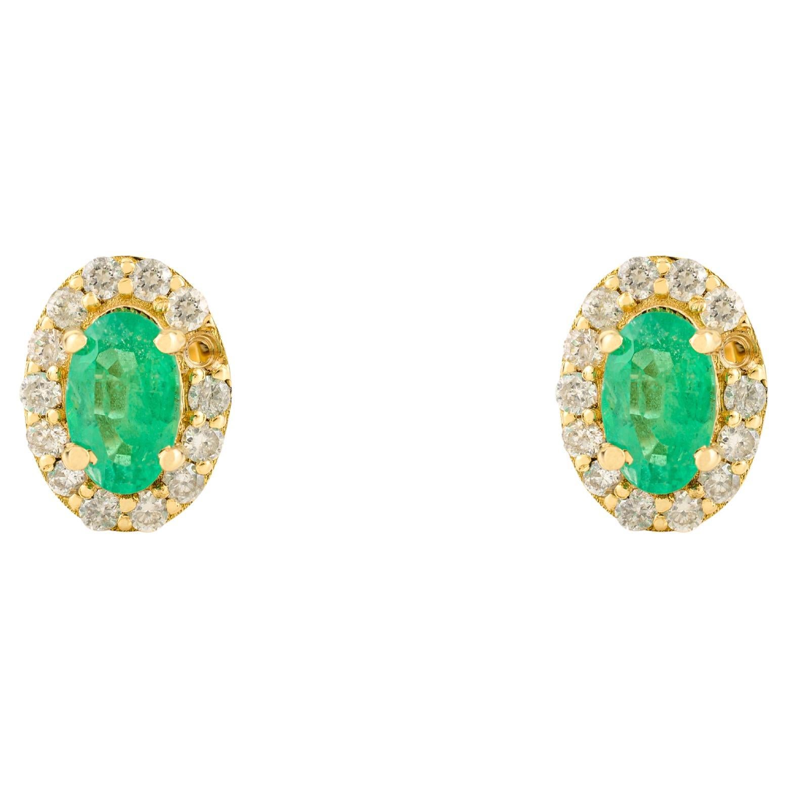 Certified Oval Cut Zambian Emerald Diamond Stud Earrings in 18K Yellow Gold For Sale