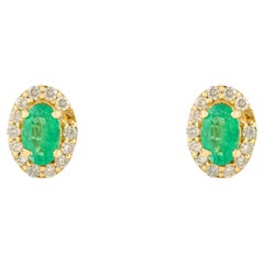 Certified Oval Cut Zambian Emerald Diamond Stud Earrings in 18K Yellow Gold