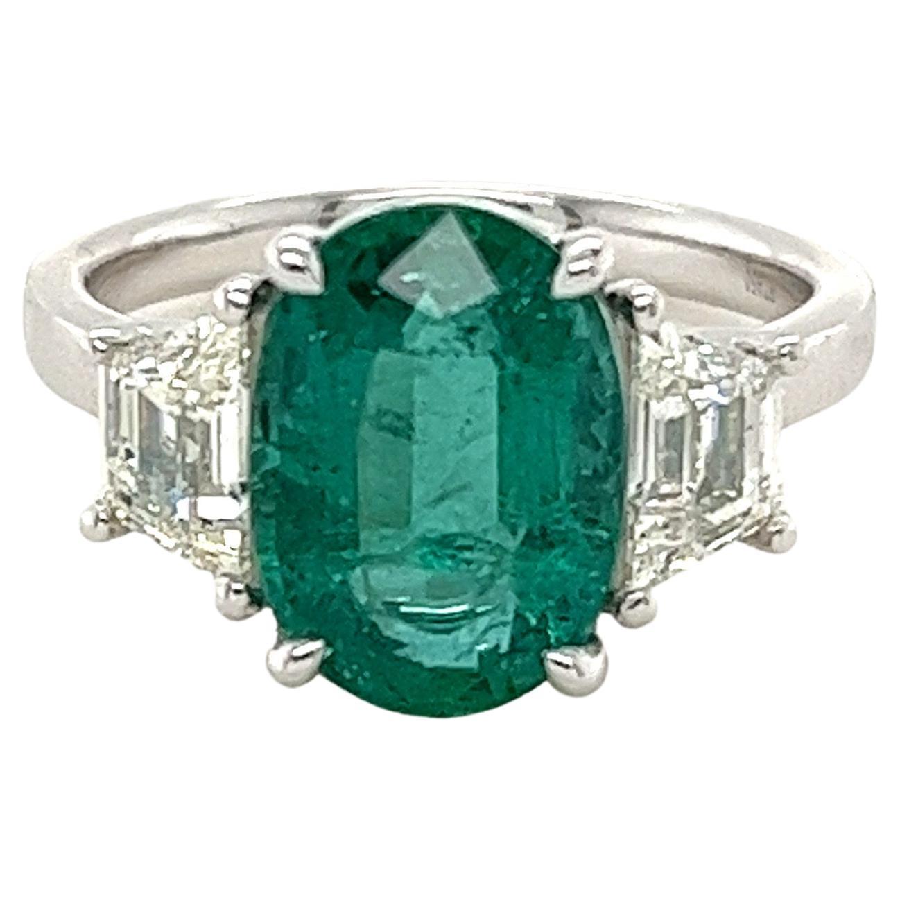 Certified Oval Emerald & Diamond Three Stone Ring in Platinum For Sale
