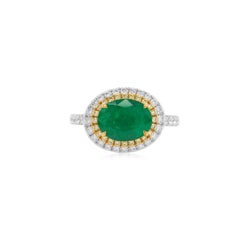 Certified Oval Shape Colombian Emerald Yellow Diamond Turnable 18K Gold Ring