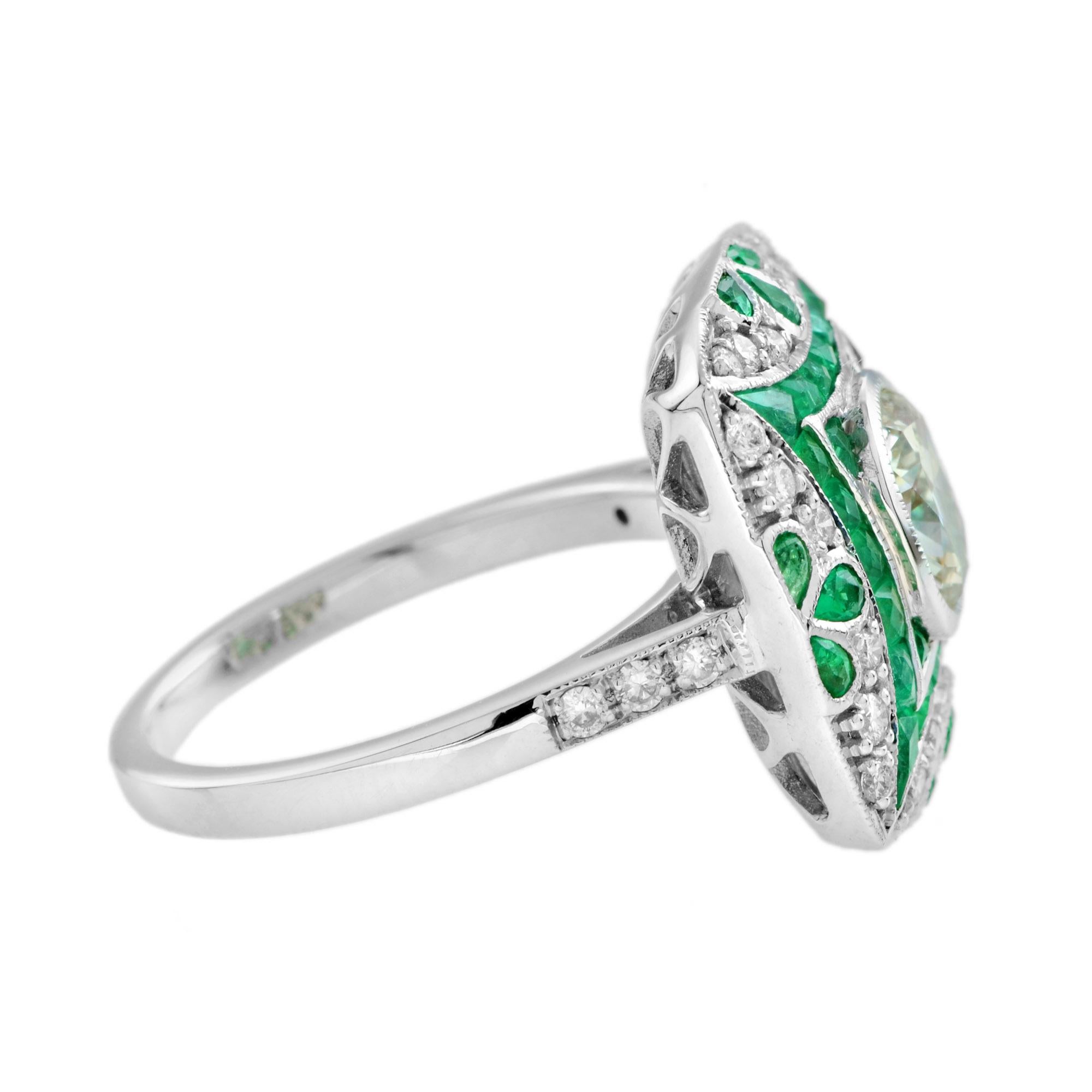 Oval Cut Certified Oval Shape Diamond & Emerald Art Deco Style Engagement 18K White Gold For Sale