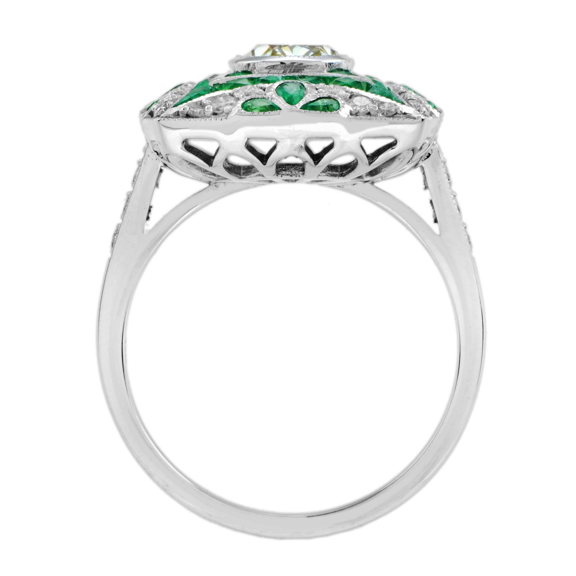 Certified Oval Shape Diamond & Emerald Art Deco Style Engagement 18K White Gold In New Condition For Sale In Oakton, VA