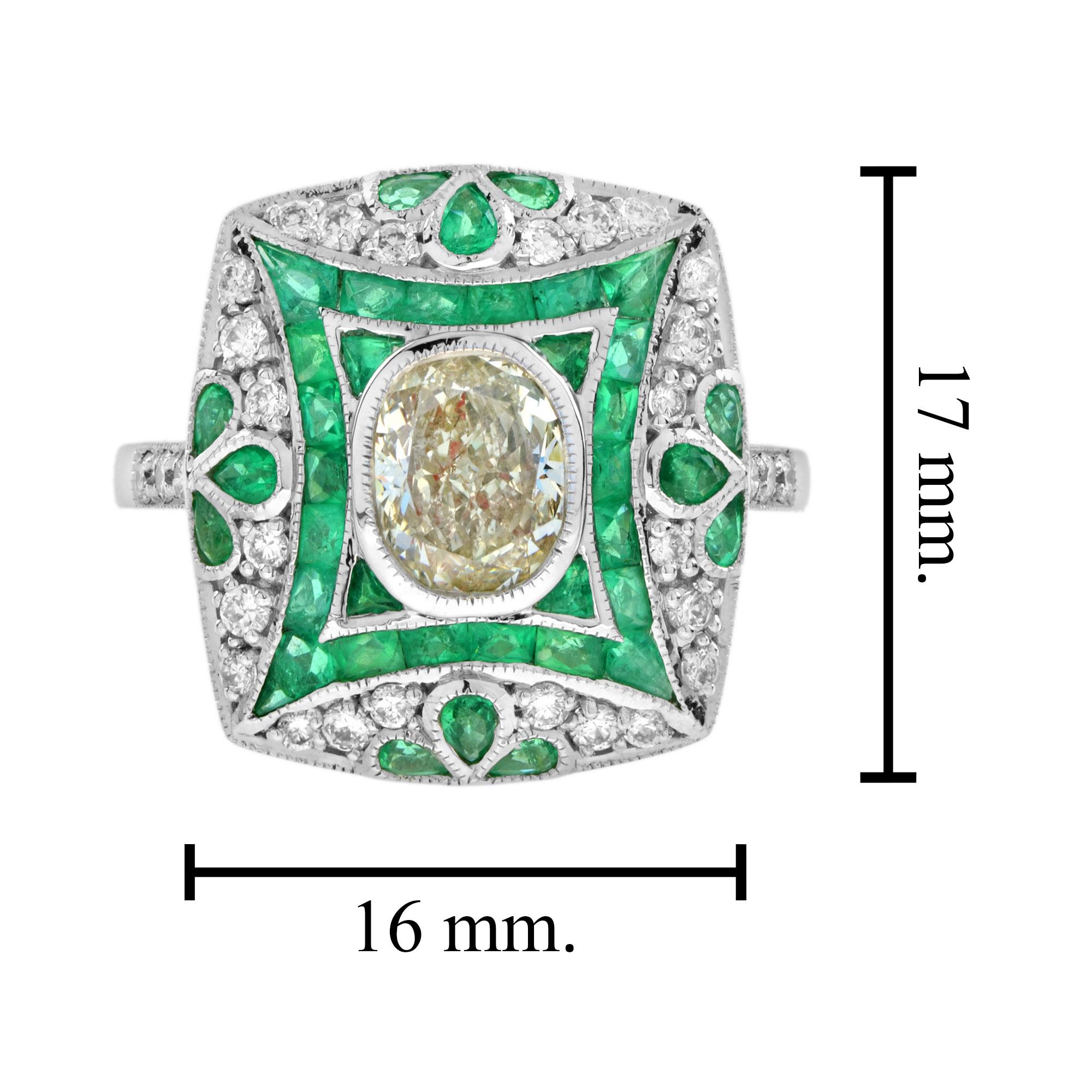 Certified Oval Shape Diamond & Emerald Art Deco Style Engagement 18K White Gold For Sale 3
