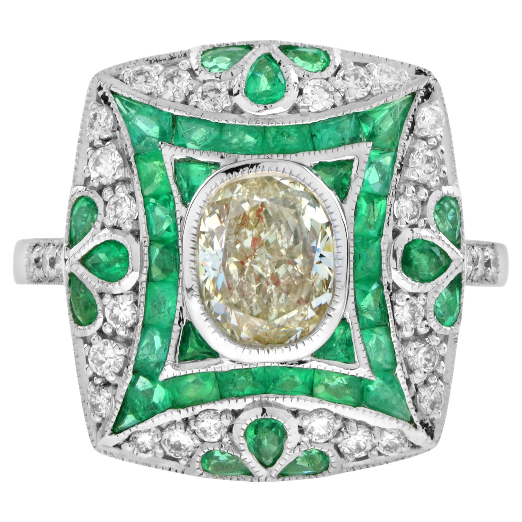Certified Oval Shape Diamond & Emerald Art Deco Style Engagement 18K White Gold