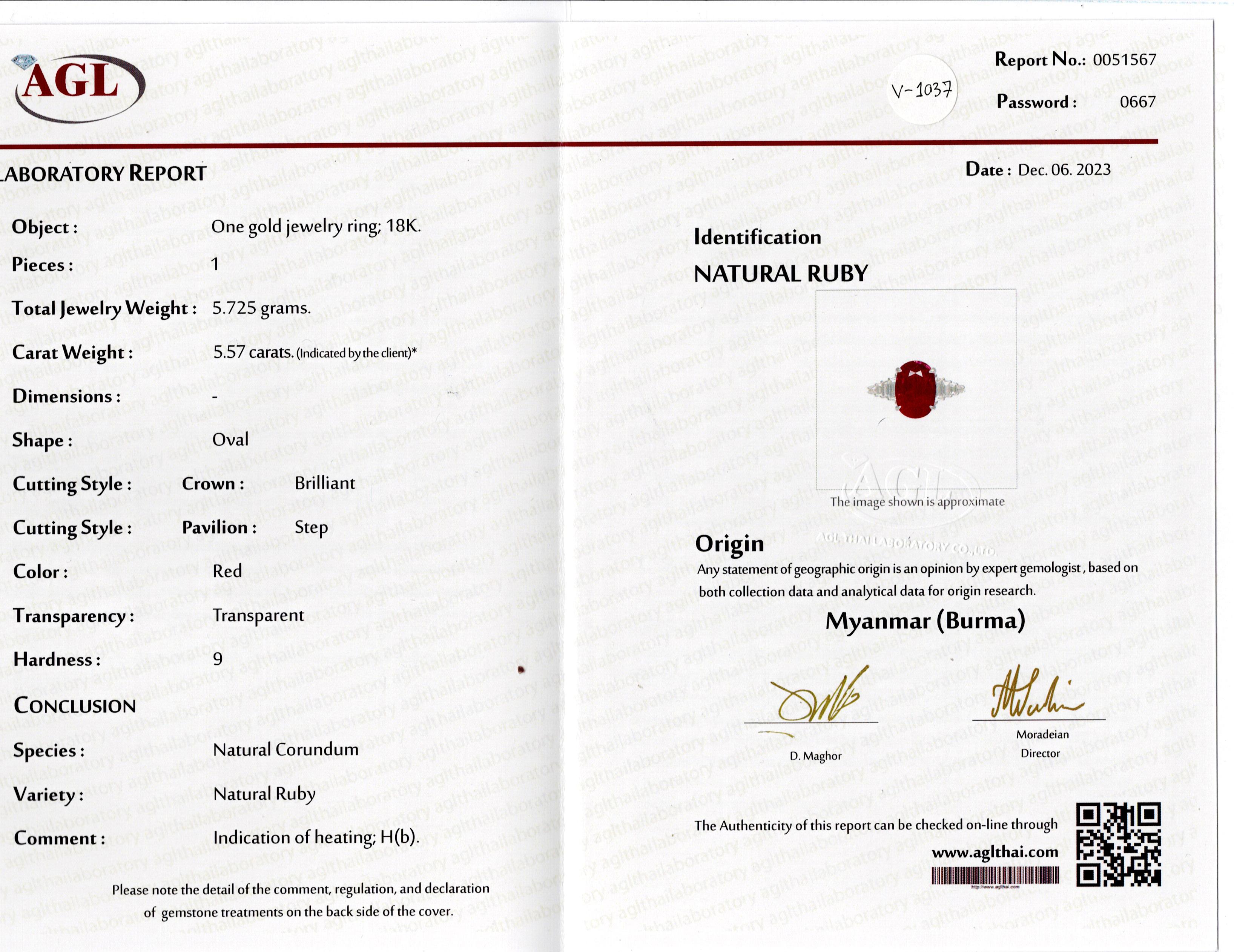 Anello di fidanzamento con pietra laterale di diamante e rubino di forma ovale certificato in vendita 6