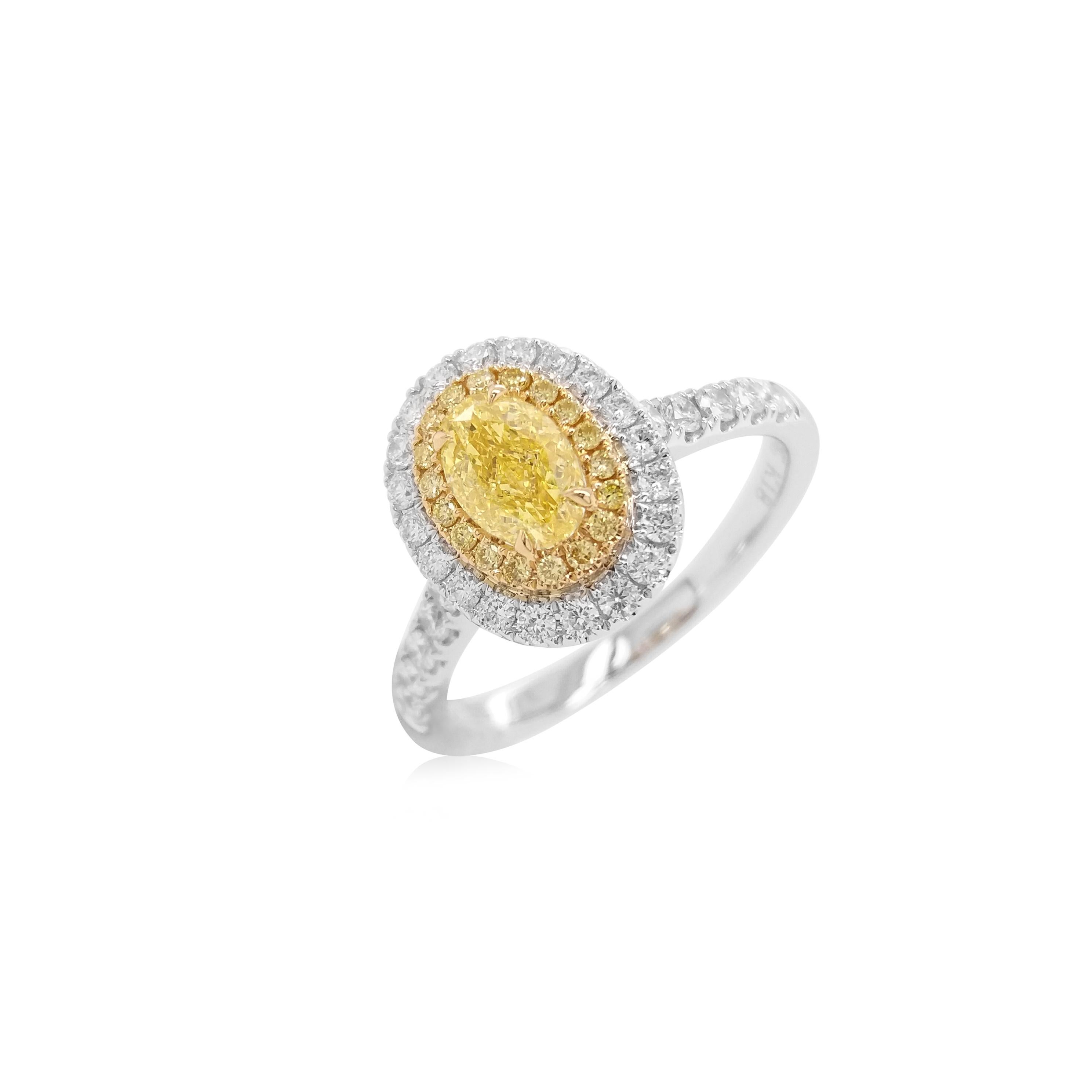 Oval Cut Certified Oval Shape Yellow Diamond Ring made in 18K Gold and platinum For Sale