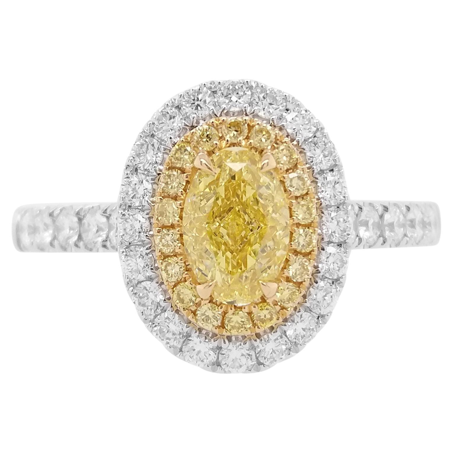 Zertifizierter ovaler gelber Diamantring aus 18 Karat Gold und Platin mit Diamanten in ovaler Form