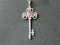 Certified Padparadscha Sapphire and Diamond Key Pendant in 18K White Gold