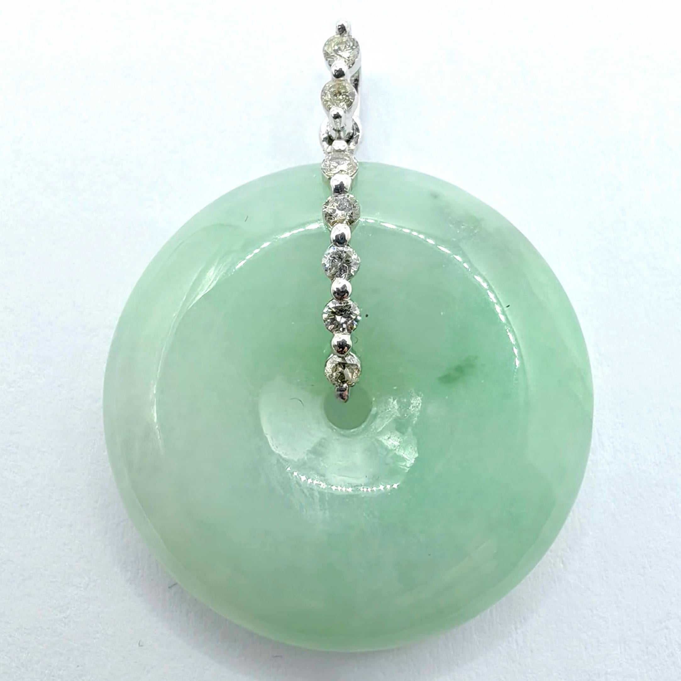 Certified Pale Green Jadeite Donut Peace Disc Diamond Pendant in 18K White Gold In New Condition For Sale In Wan Chai District, HK