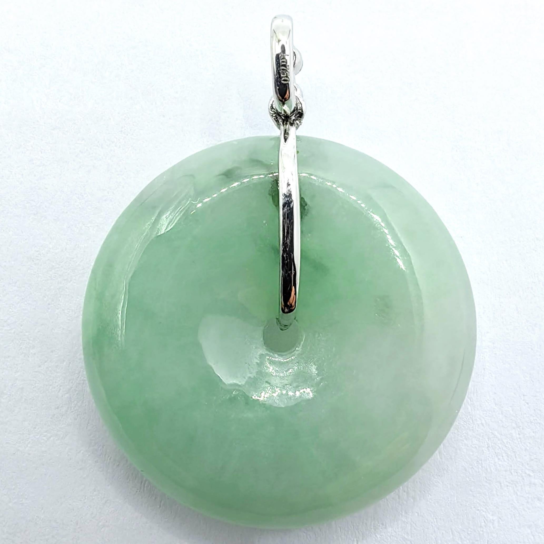 Women's or Men's Certified Pale Green Jadeite Donut Peace Disc Diamond Pendant in 18K White Gold For Sale