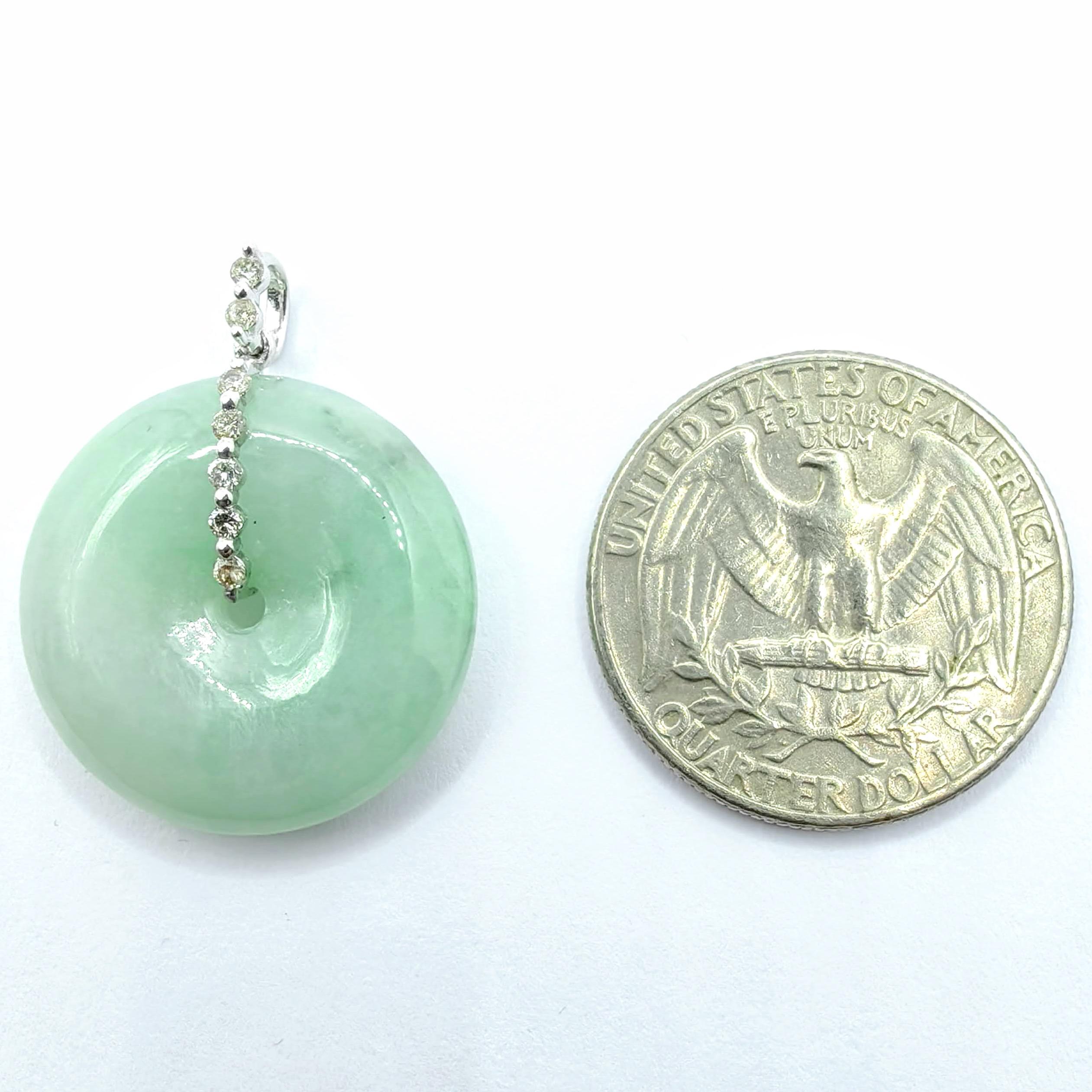 Certified Pale Green Jadeite Donut Peace Disc Diamond Pendant in 18K White Gold For Sale 1