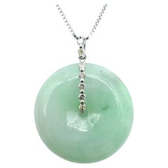 Certified Pale Green Jadeite Donut Peace Disc Diamond Pendant in 18K White Gold