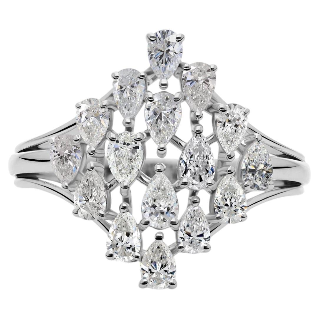 Pear-Cut Natural Diamond Cluster Ring 1.31 Ct 18K White Gold Engagement Ring