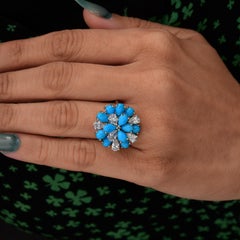 Certified Pear Cut 3.62Ct Turquoise & Diamond Floral Cocktail Ring 14k Gold