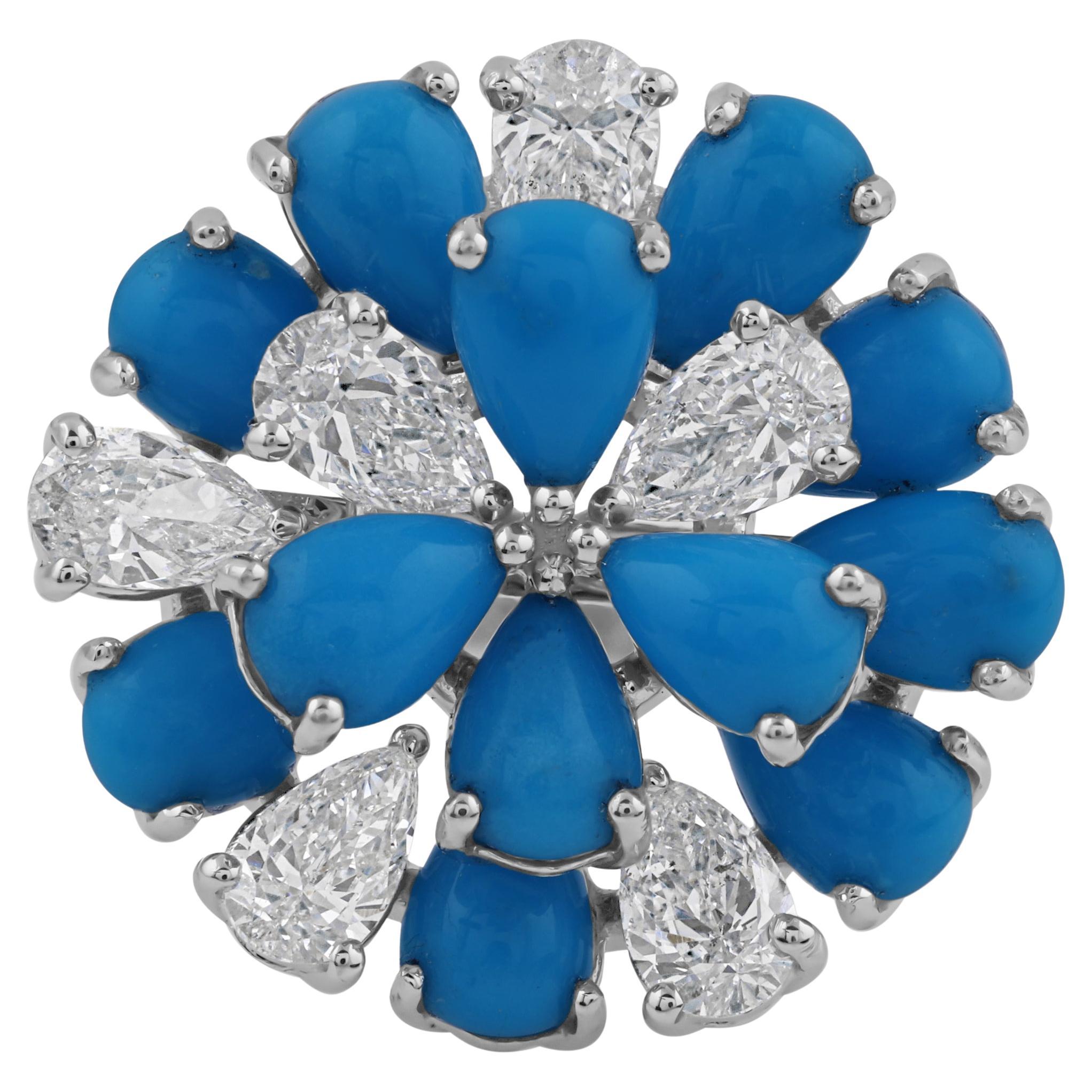 For Sale:  Certified Pear Cut 3.62Ct Turquoise & Diamond Floral Cocktail Ring 14k Gold