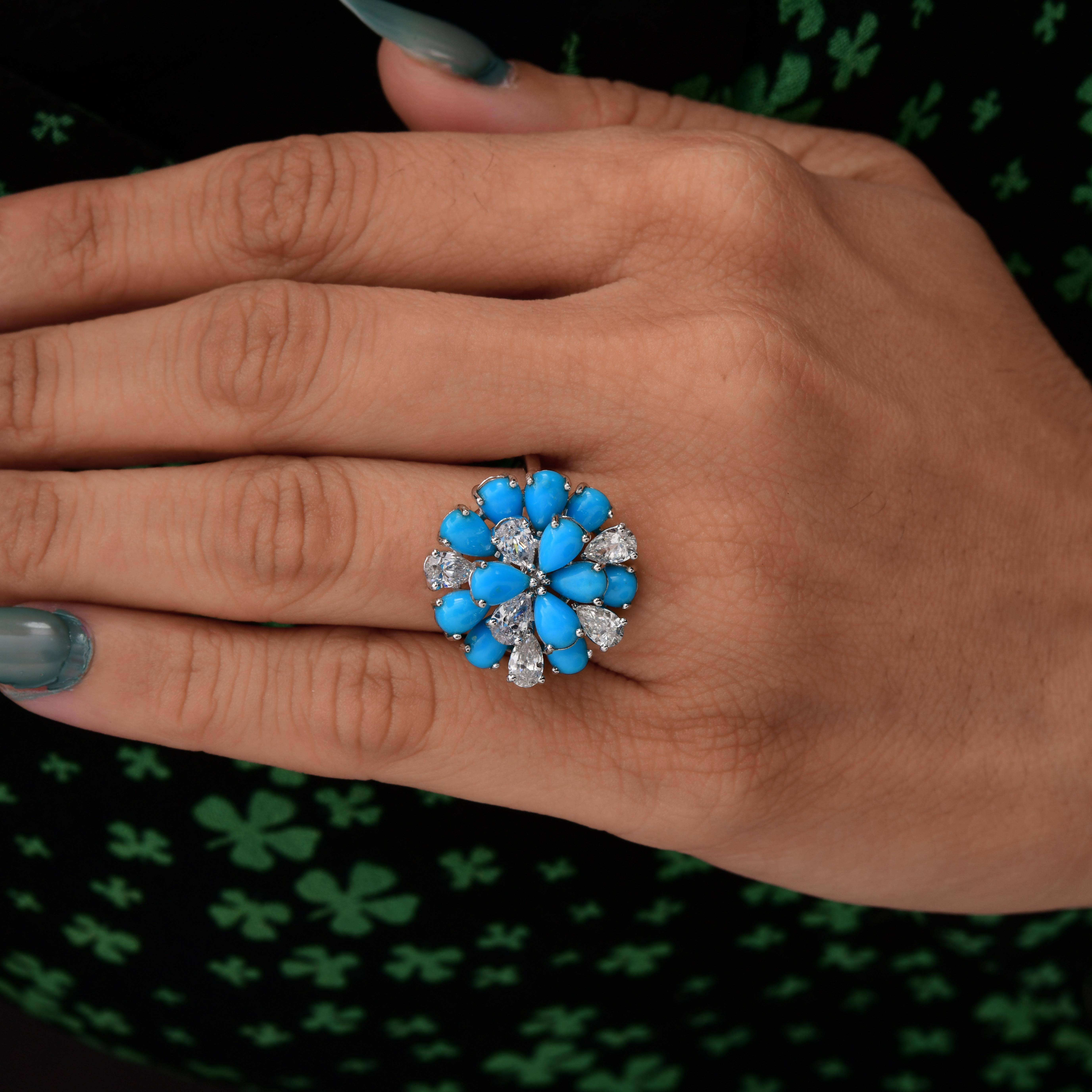 En vente :  Bague cocktail florale en or 18k avec turquoise et diamant, taille poire certifiée, 3,62 ct 2
