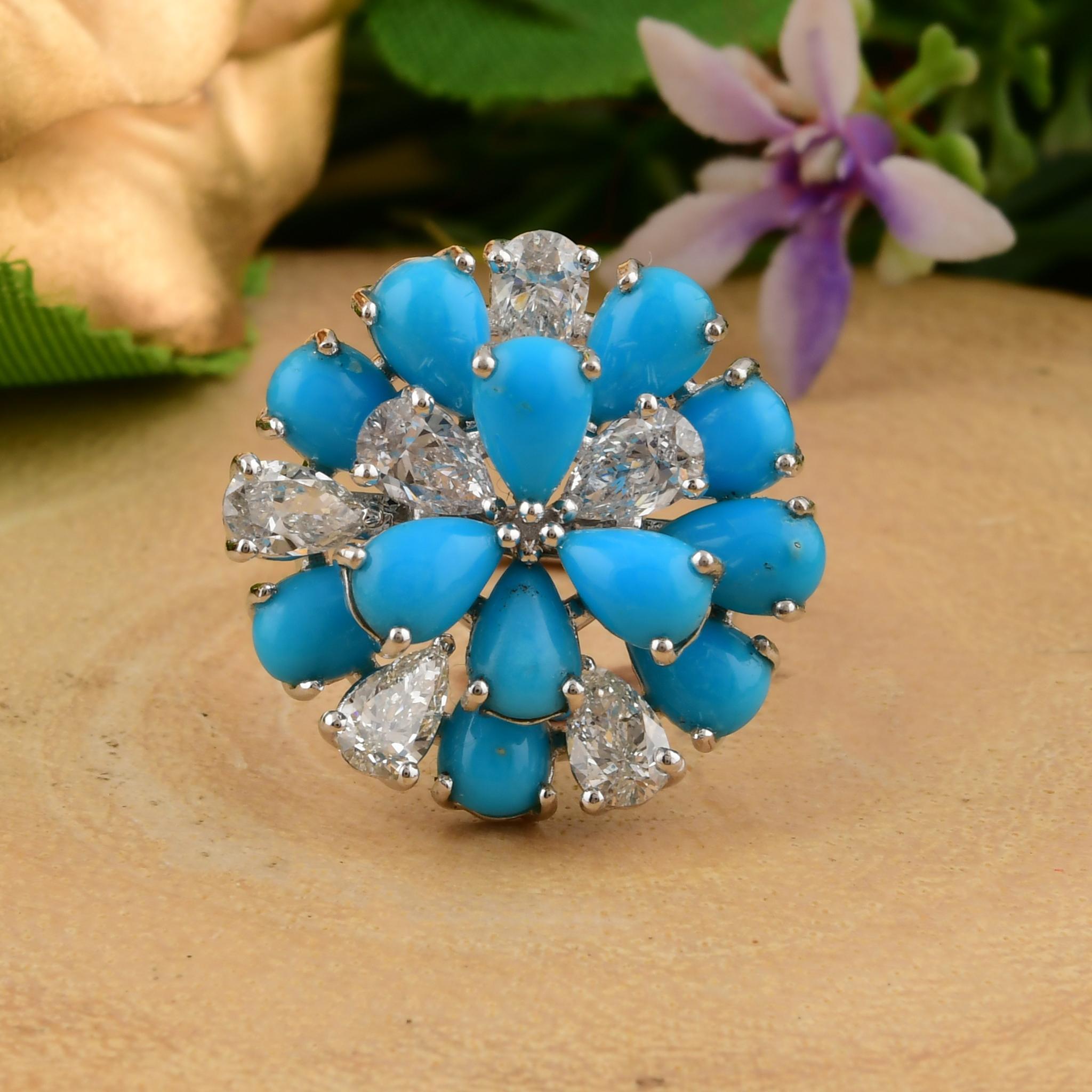 En vente :  Bague cocktail florale en or 18k avec turquoise et diamant, taille poire certifiée, 3,62 ct 3